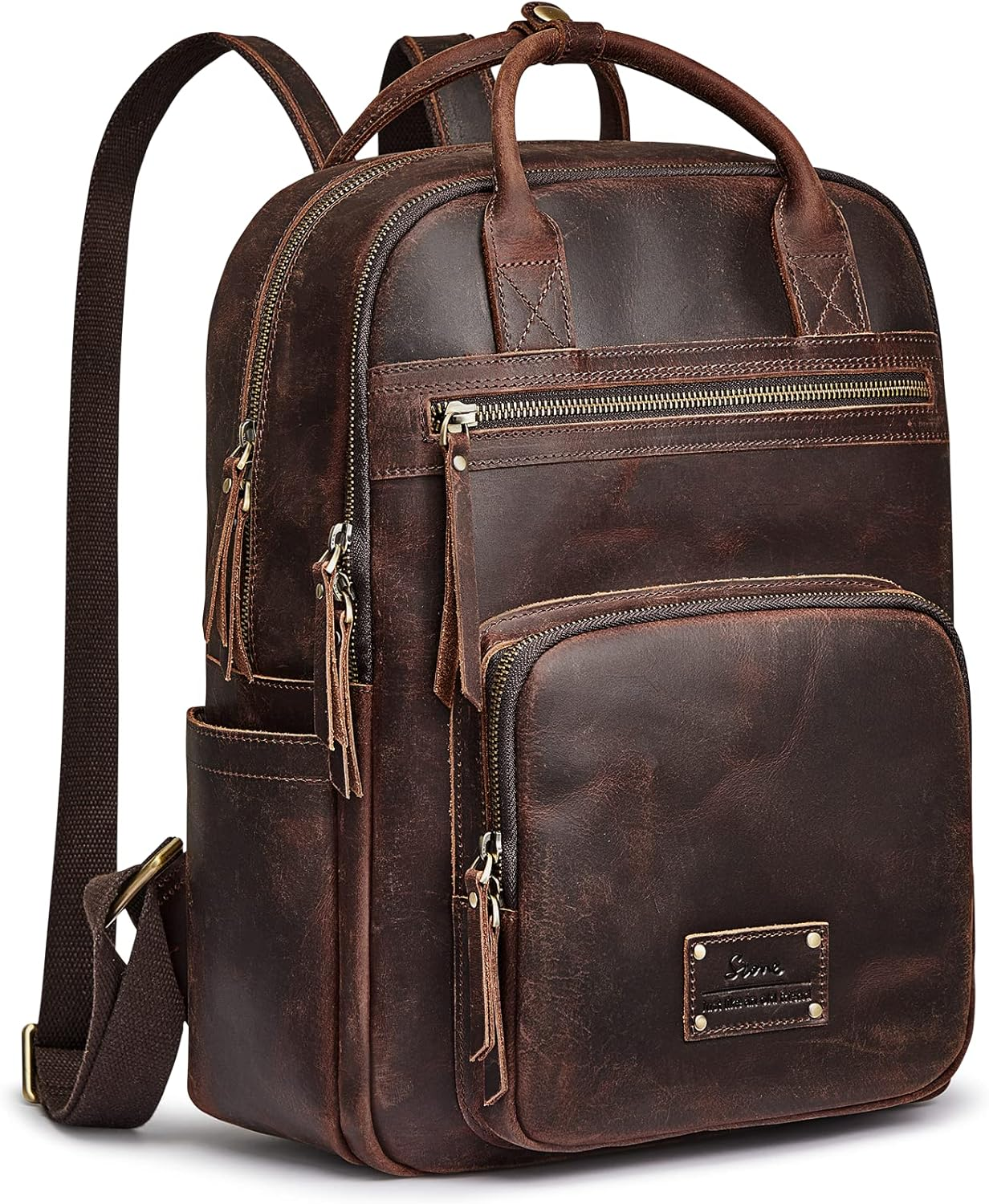 S-ZONE Vintage Genuine Leather Backpack Purse for Women Men Rucksack Travel Daypack with Luggage Sleeve