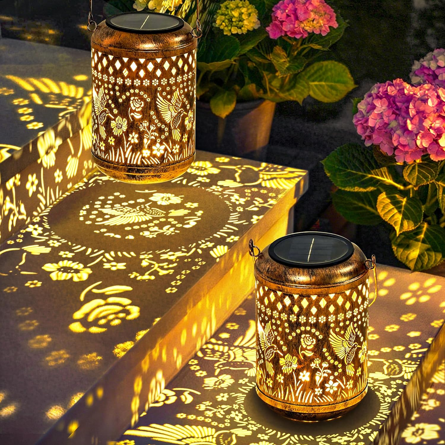 Solar Hanging Lanterns 2 Pack - Waterproof Hummingbird Garden Lights for Outdoor Decor | Metal Solar Lanterns for Patio, Yard, Porch & Backyard image number 2