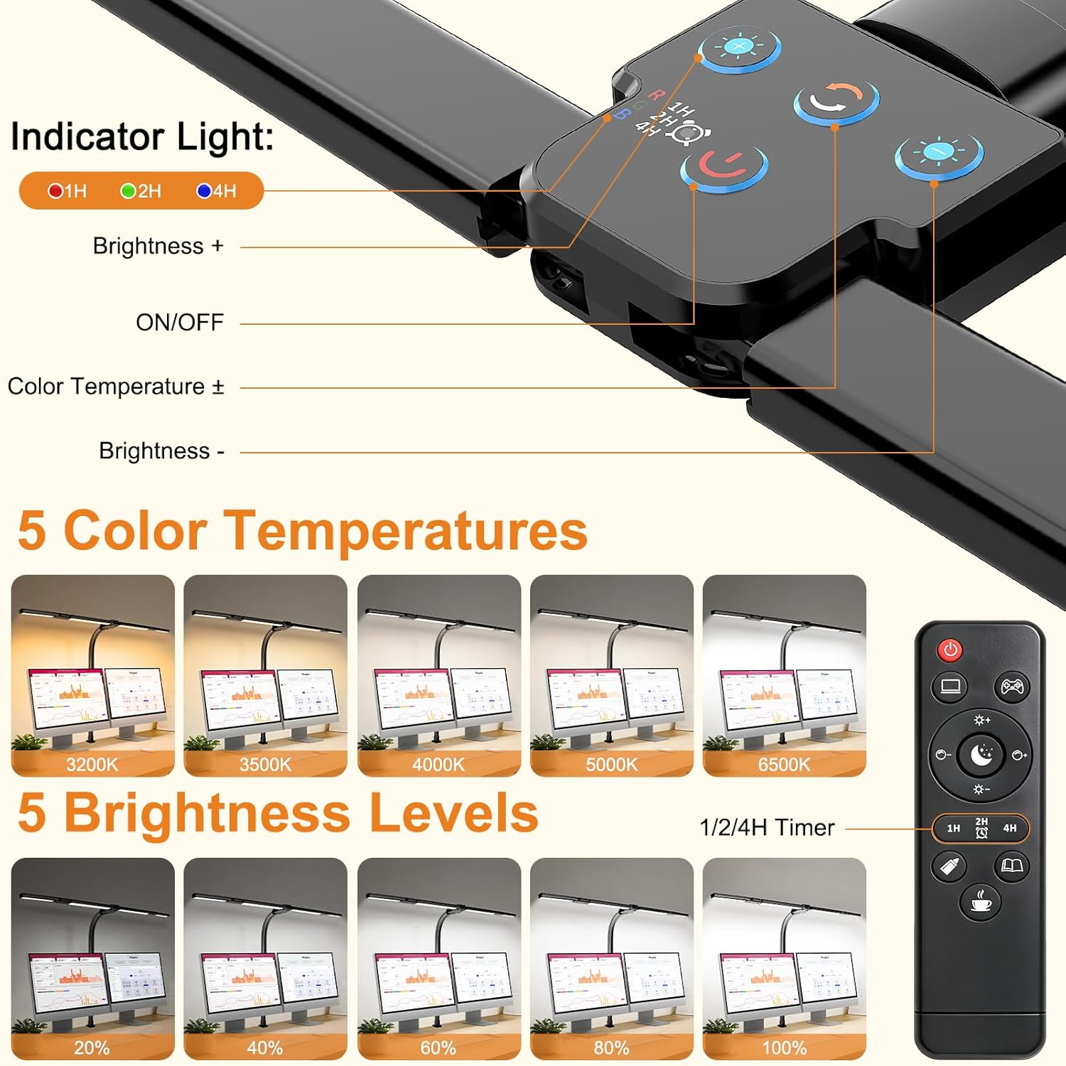 Desk Lamp for Home Office, Extra Width 24W Bright LED Desk Light with Adjustable 4-Segment Bar & Remote, Eye-Caring Gooseneck Architect Desk Lamp with Clamp for Reading Study, Dimmable, Timer image number 1