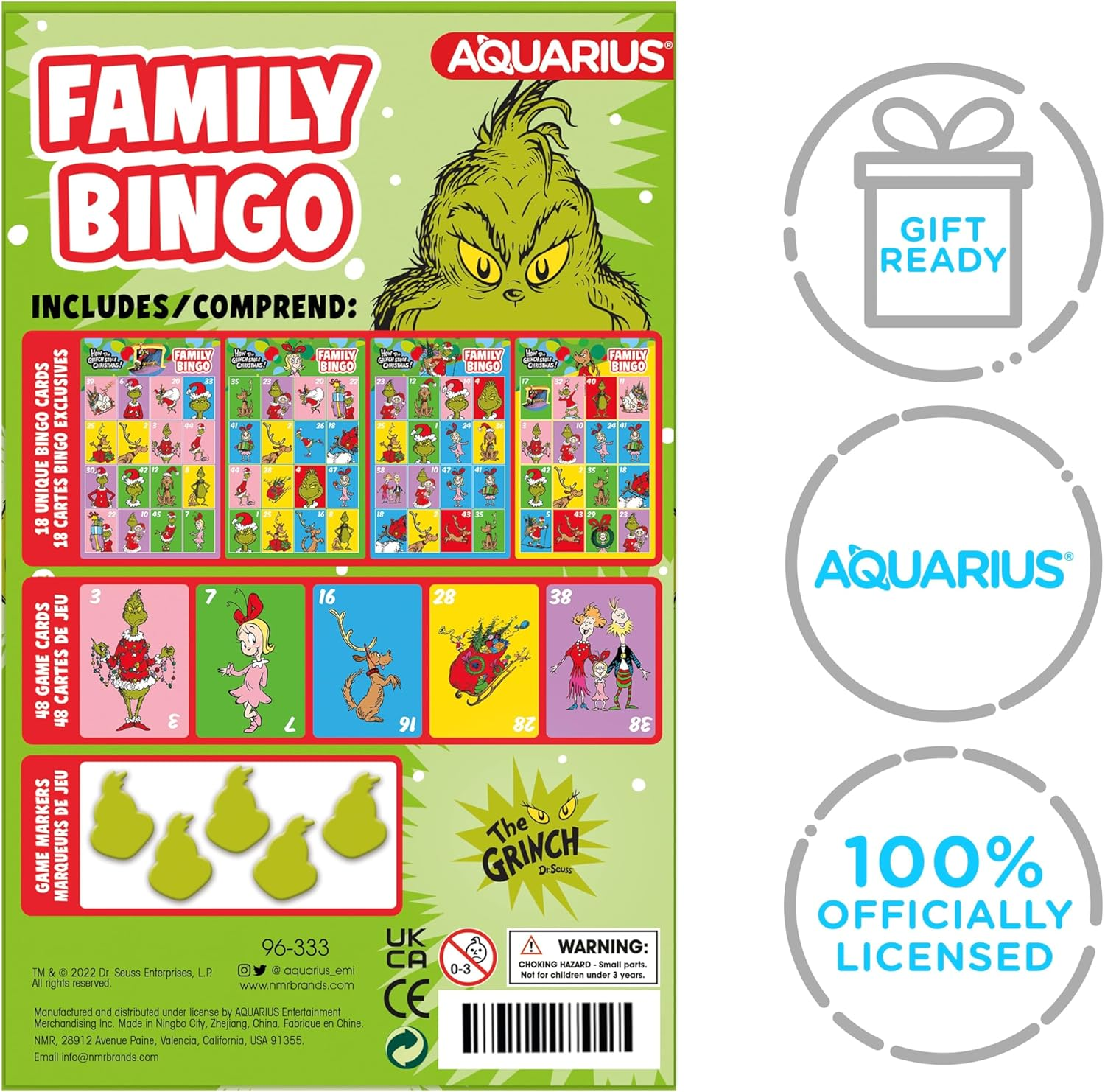 Aquarius the Grinch Family Bingo Card Game, Christmas Themed Fun for Kids and Adults, 18 Bingo Cards, Learning and Developmental Benefits, Ages 8+, 2-4 Players, Family Entertainment Game