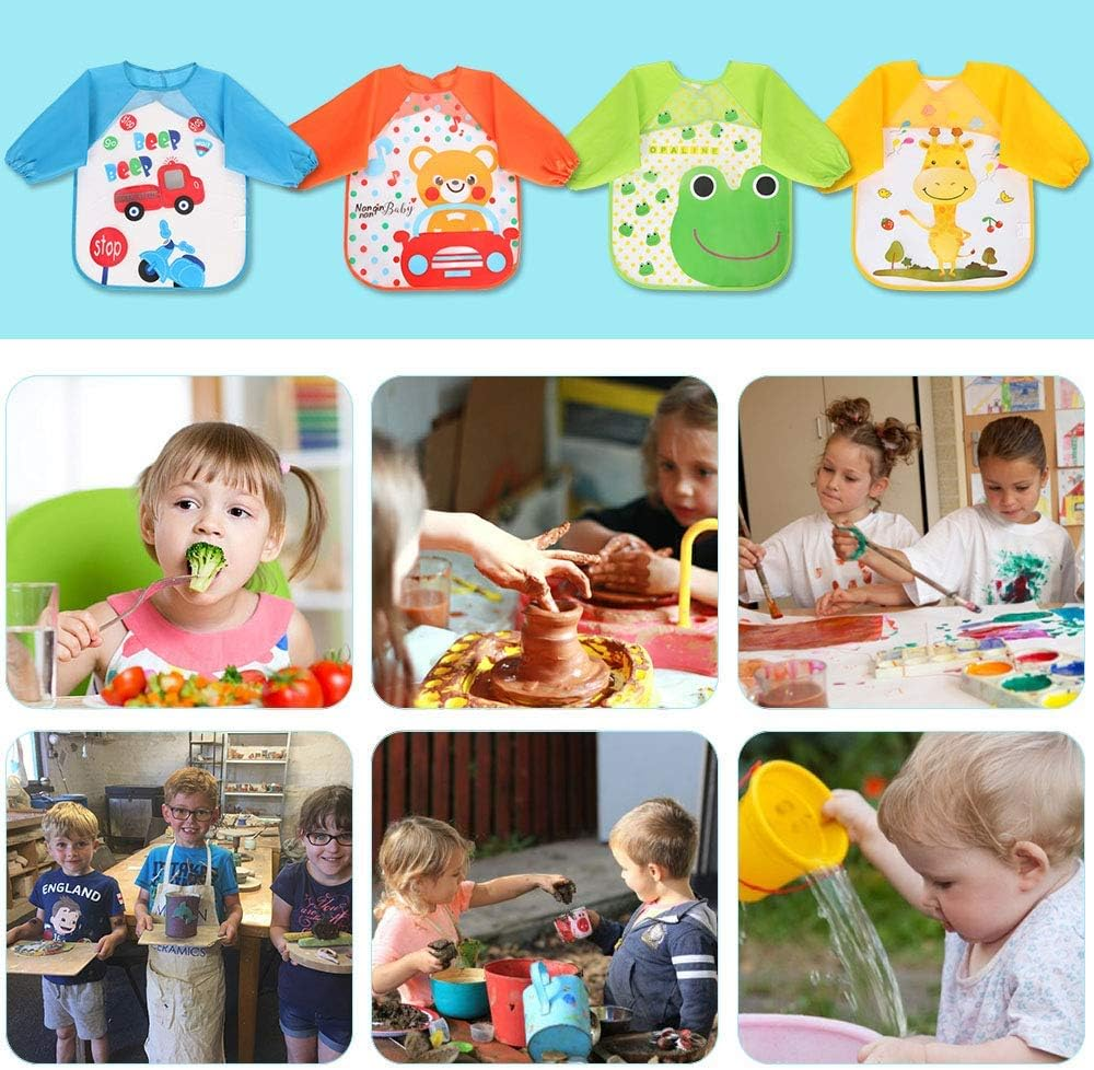Vicloon Bibs with Sleeves,4 Pcs Waterproof Long Sleeve Bib Unisex Feeding Bibs Apron for Infant Toddler 6 Months to 3 Years Old image number 3