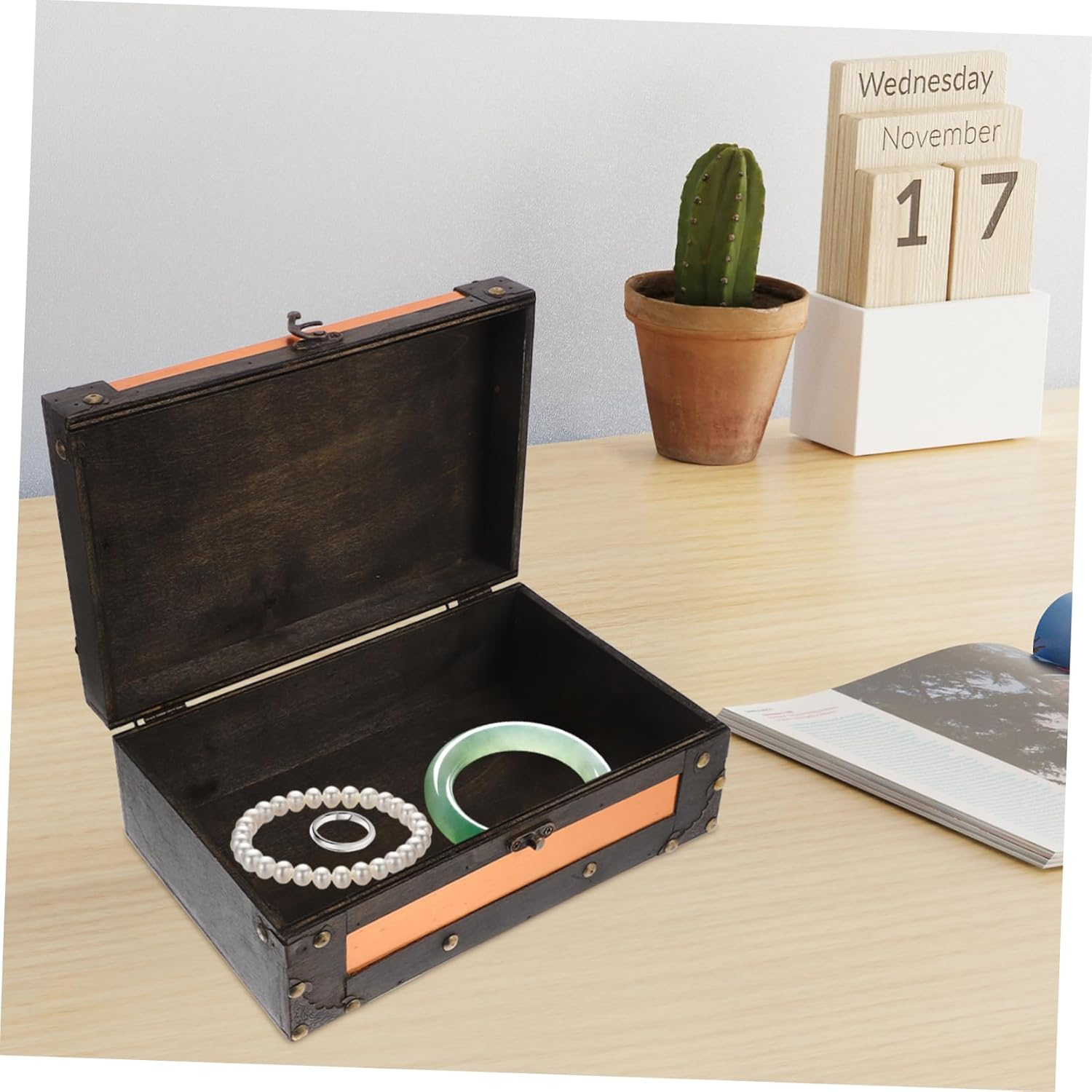 Retro Suitcase Storage Box Lock Wooden Decorative Storage Boxes for Cards Jewelry Souvenirs Home Decor image number 3