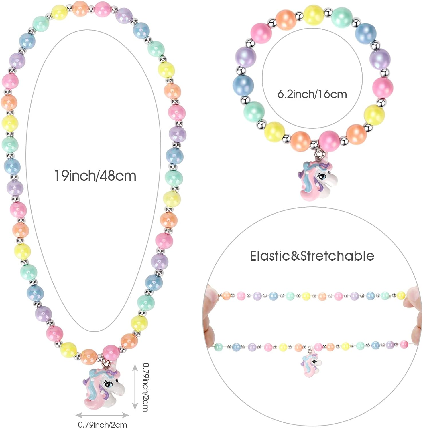 Unicorn Stretch Necklace Little Girl Toddler Necklace Bracelet Set, Little Princess Jewelry Accessories Favors Bags for Girls (2), Plastic Resin