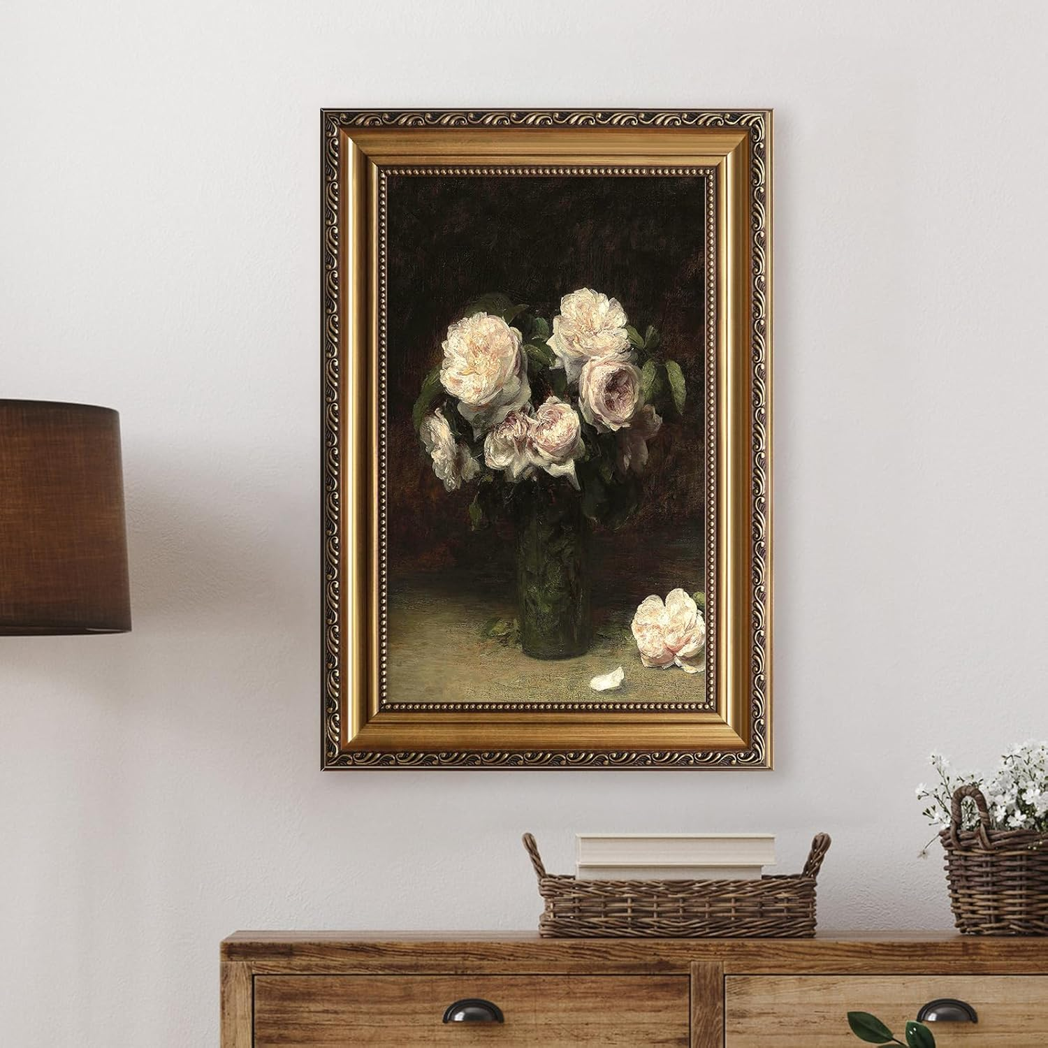 ASTRDECOR Vintage Floral Wall Art, Gold Framed Canvas Wall Art Moody Dark Roses Painting, Vintage Flower Art Print for Kitchen Bedroom Bathroom Wall Decor, French Country Decor - 16" X 24"