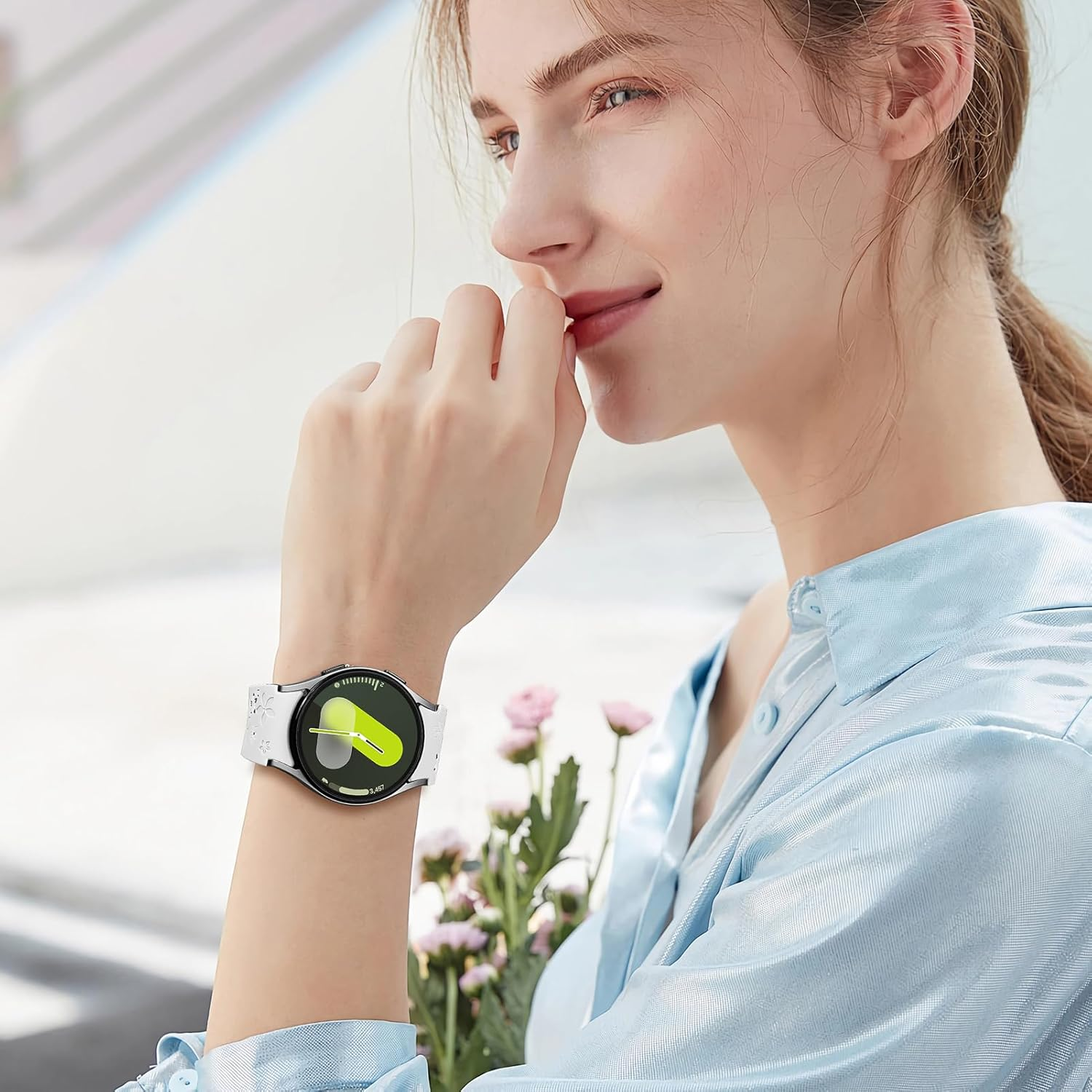 Flower Engraved Straps for Samsung Galaxy Watch 7/6/5/4/FE 40Mm 44Mm/Galaxy Watch 6/4 Classic Bands 47Mm 43Mm 46Mm 42Mm/Watch 5 Pro 45Mm Women,No Gap Band Silicone Cute Floral Armband Wristband - Black Orange image number 6