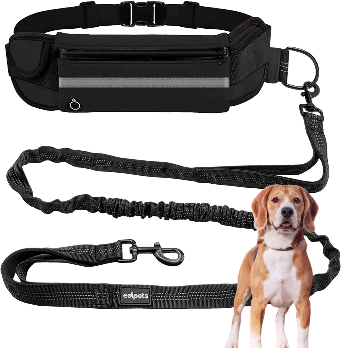 Edipets, Jogging Lead Dogs, Hands-Free, Running, Hiking, Webbing, Anti-Stress, Reflective, 160-220 Cm (Black)