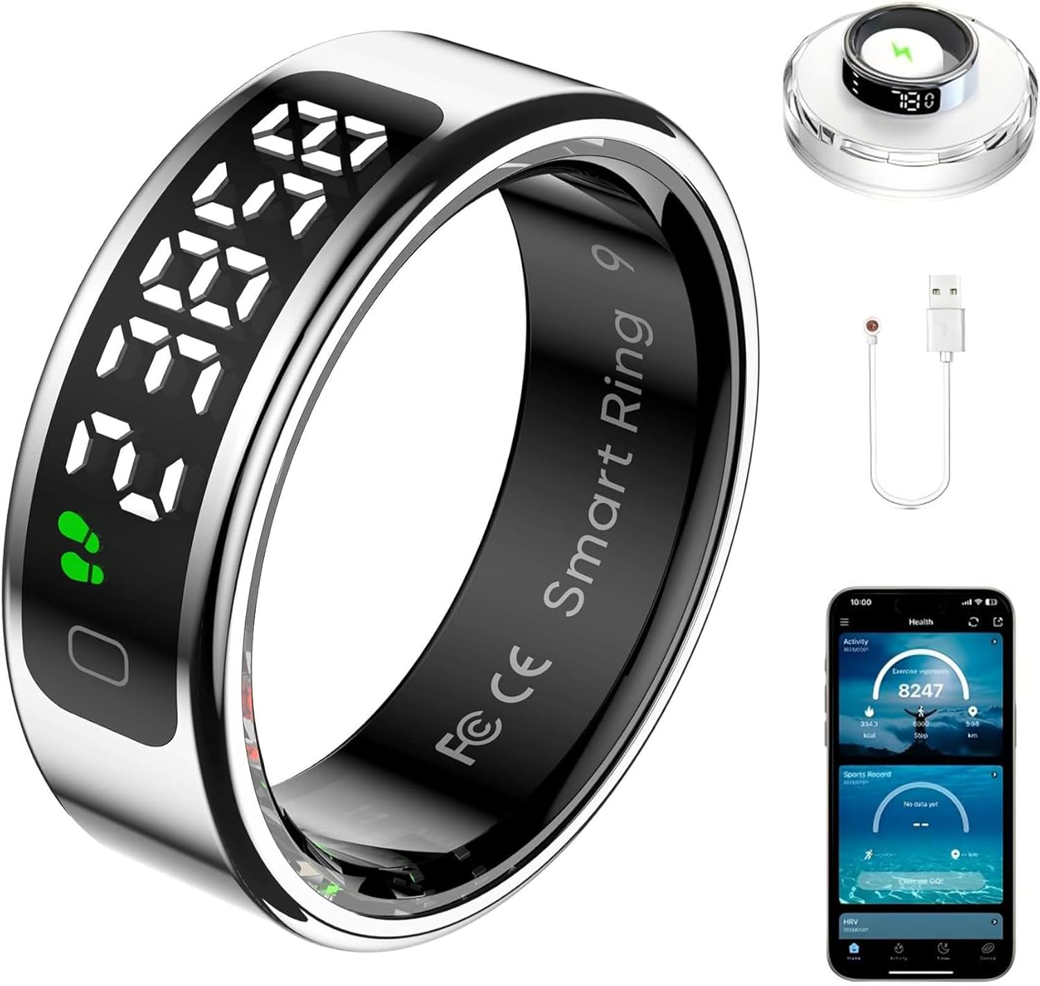 Smart Ring | 2025 New LED All-In-One Health Tracker Ring | Heart Rate, Spo2 (Blood Oxygen), Sleep & Step, Women&rsquo;S Health| Ios Android Fitness Ring | Unisex Design (Silver, #10)