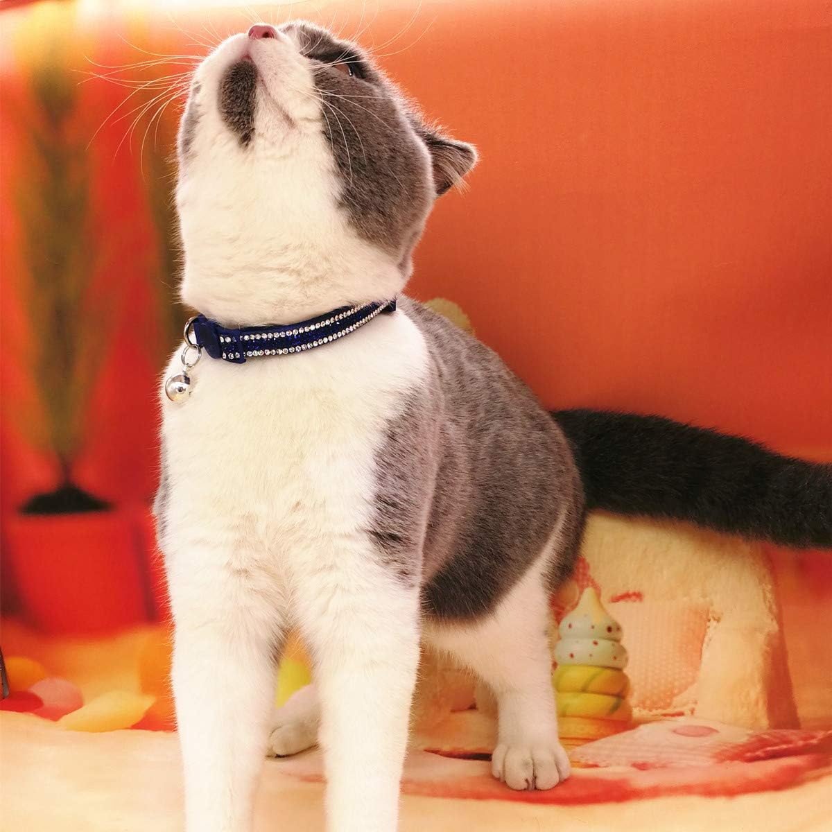 THAIN Basic Adjustable Cat Collar Bling Diamond Breakaway with Bell for Kitten Girl Boy (Blue) - Pink image number 2