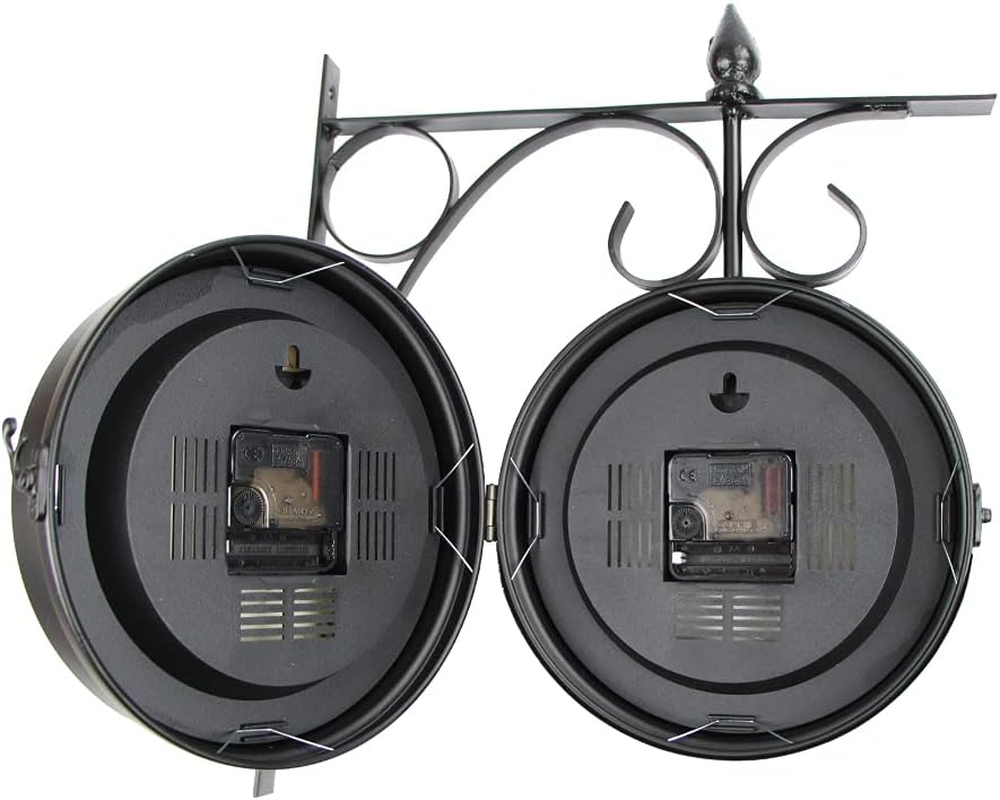 Wrought Iron Antique-Look Brown round Wall Hanging Double Sided Two Faces Retro Station Clock round Chandelier Wall Hanging Clock with Scroll Wall Side Mount Home D&eacute;cor Wall Clock (Black+White)