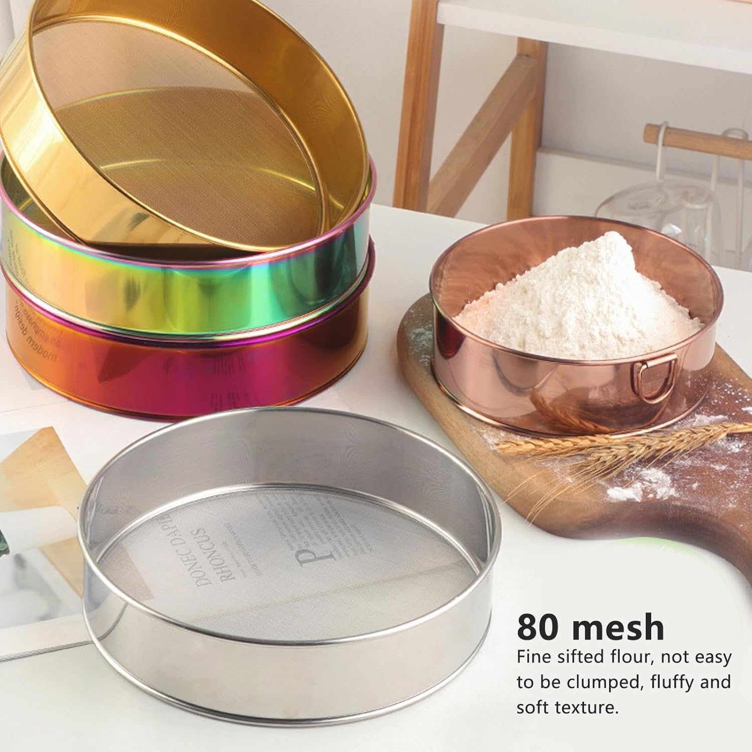 Flour Sieve Fine Mesh, Stainless Steel round Flour Sifter 80 Mesh Large Size Filter with anti Stick Coated for Baking Cake Bread image number 6