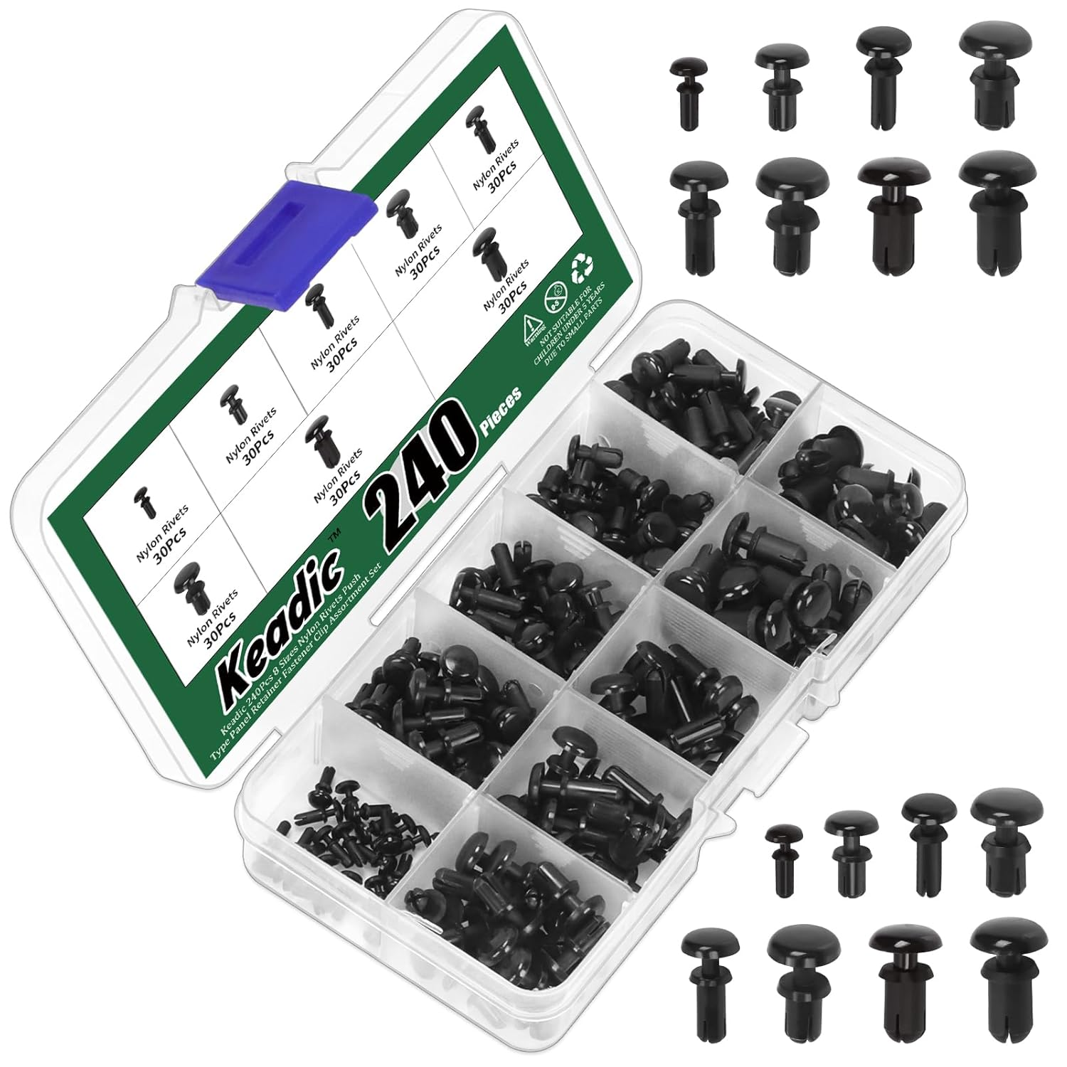 Keadic 240Pcs 8 Sizes Nylon Rivets Push Type Panel Retainer Fastener Clip Assortment Set, Black PCB Circuit Panel Fasteners for Car Bumper Door Trim Interior Panels image number 4