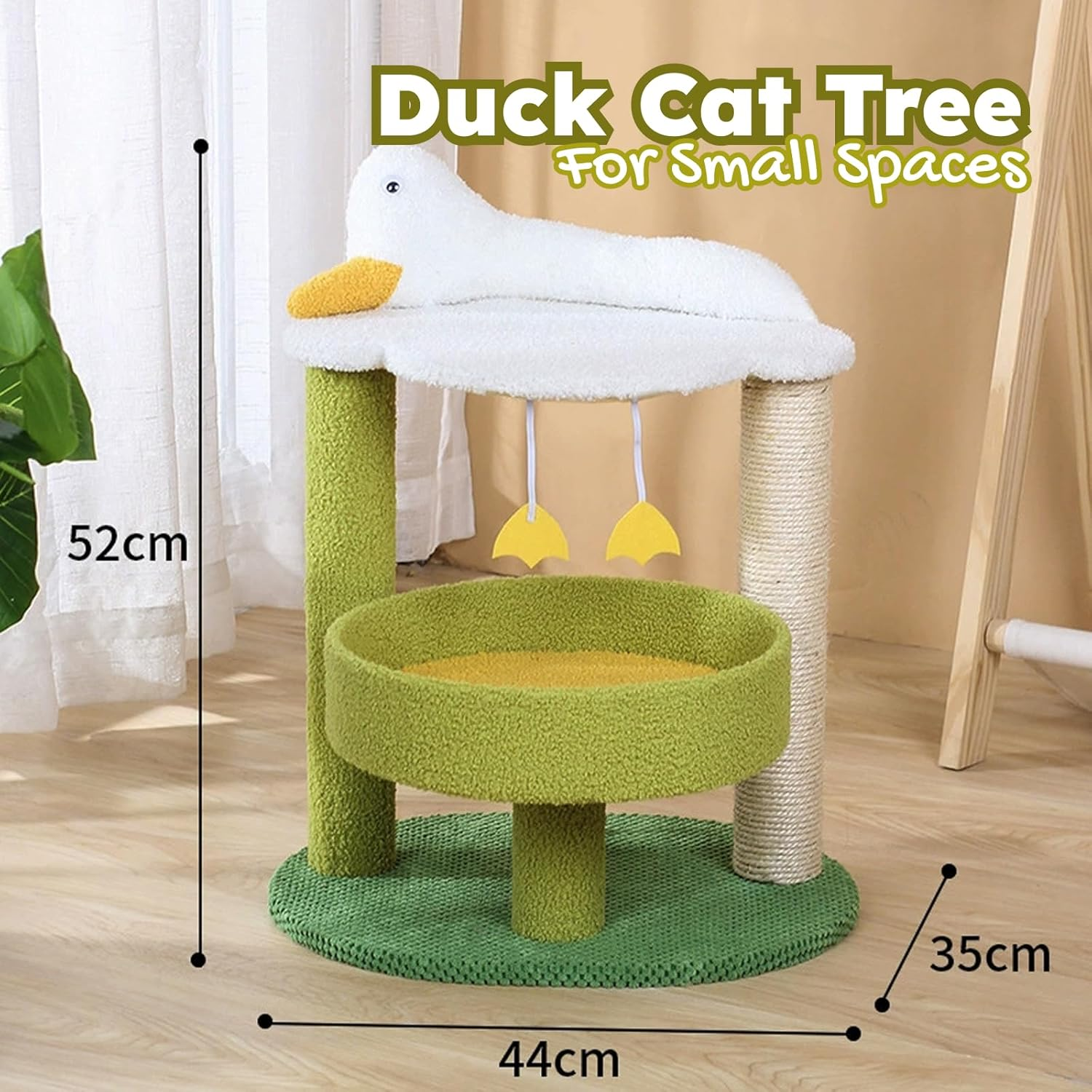 Cute Cat Tree - Duck Shaped Cat Tower with Cozy Bed, Scratching Post, Plush Perches and Hanging Toys, Sturdy Cat Activity Tower for Kittens and Small Cats, 52Cm Tall image number 5