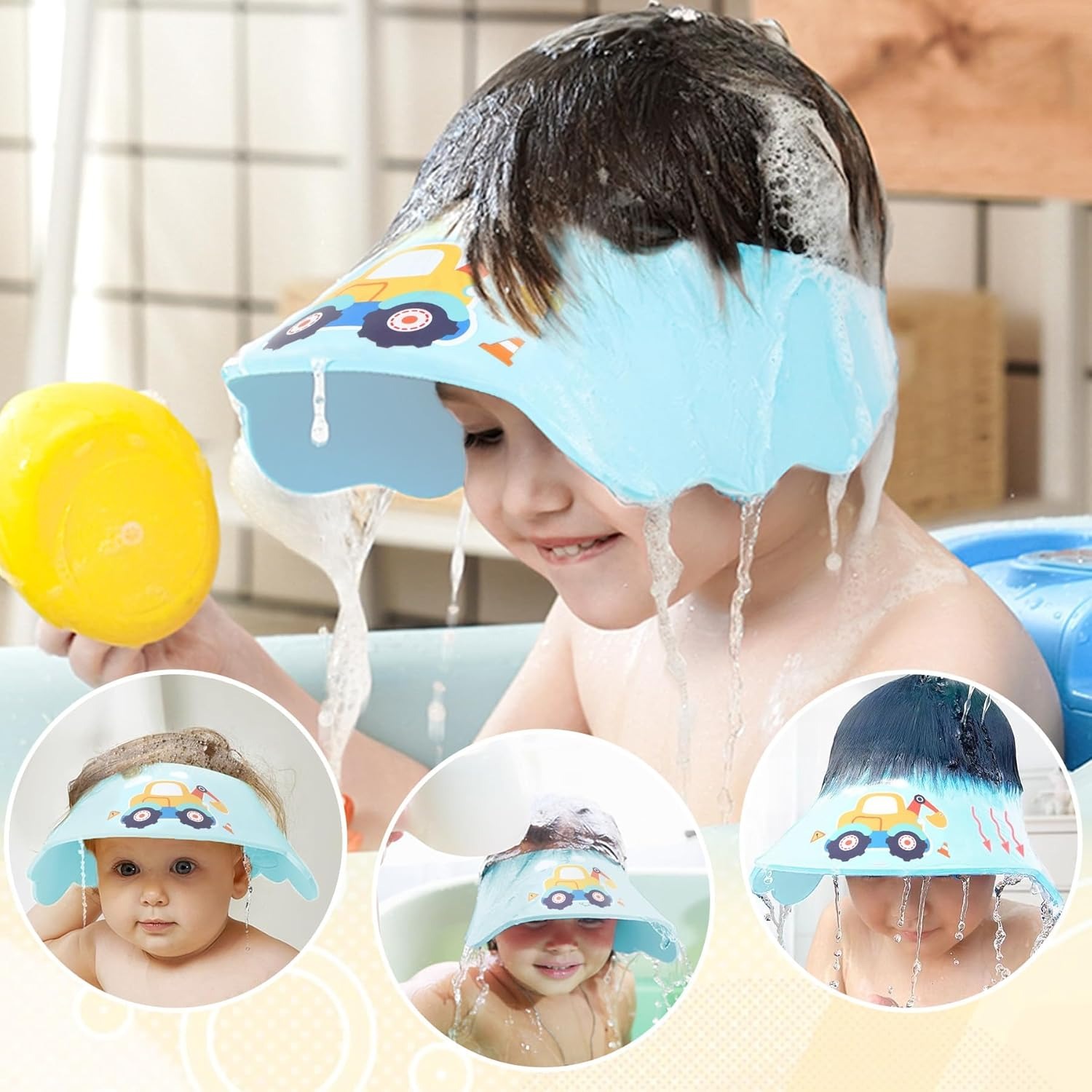 Ainelure Baby Shower Caps Shield - Adjustable Kids Shower Cap Bath Shampoo Washing Hair Protection Soft Cartoon for Baby Toddler