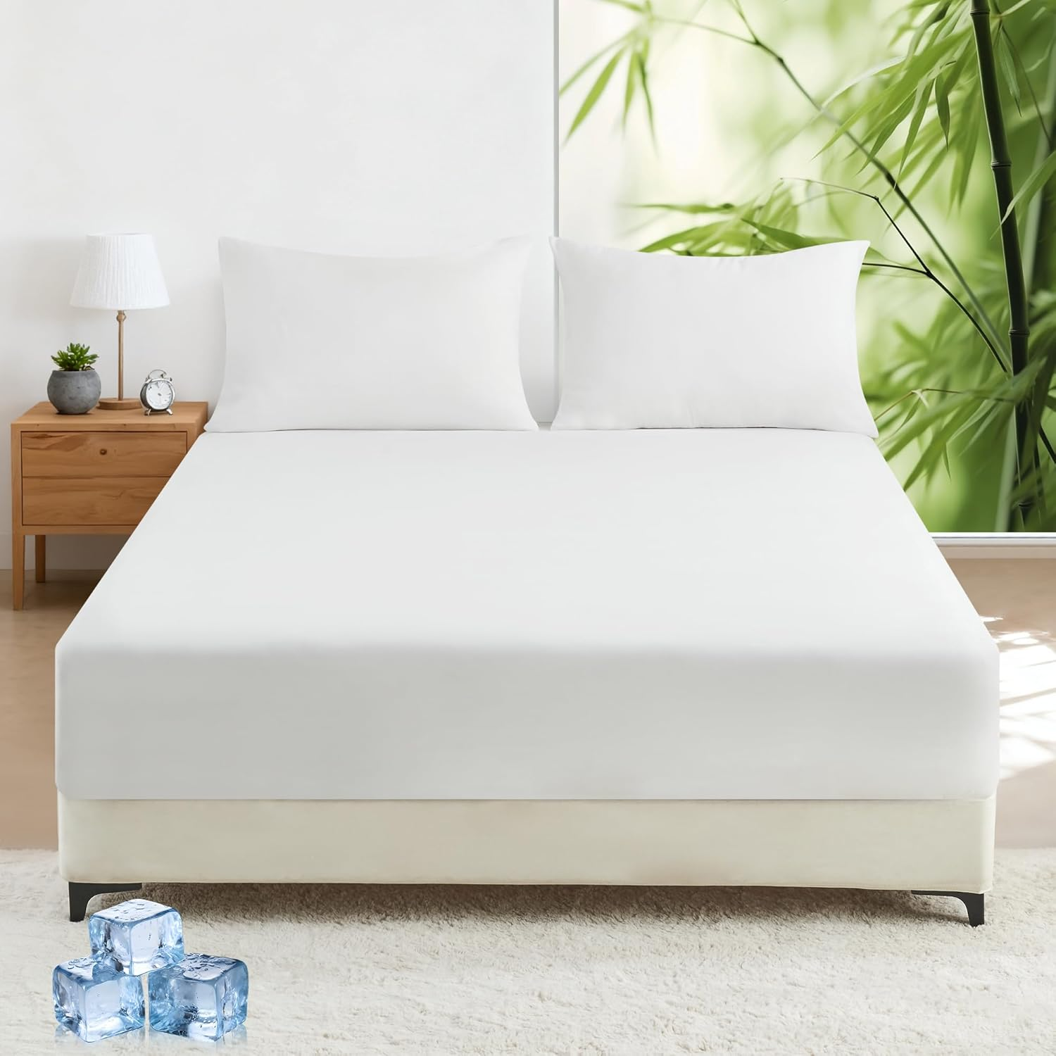 LINENOVA Bamboo Cooling Fitted Sheet Queen (1 Piece)- 2000TC Ultra Soft & Breathable, Ideal for Hot Sleepers, 40Cm Deep Pocket, All-Season Comfort - White image number 4
