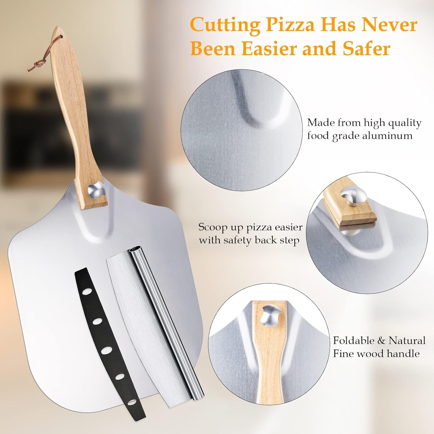 Ninonly Aluminum Pizza Peel 30.5X35.5Cm Pizza Paddle with Foldable Wood Handle, Metal Pizza Spatula with Rocker Cutter for Easy Storage&Clean, Pizza Tools for Pizza Oven Baking Pizza Bread Pastry image number 5