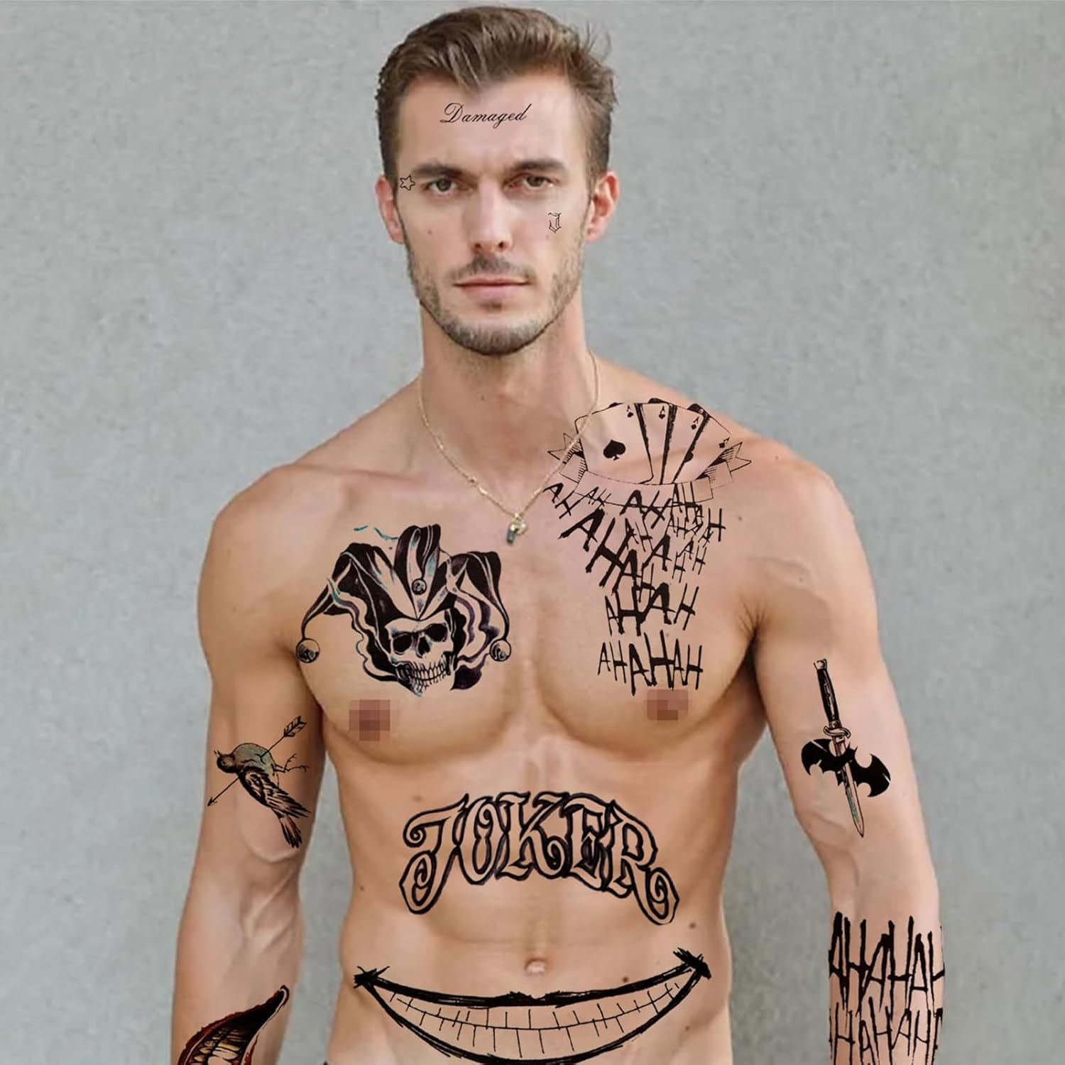 4 Sheets Large-Size Joker Tattoos, Halloween Fake Temp Tattoo for Men Adult, Perfect for Halloween Costumes Cosplay Makeup Party Accessories