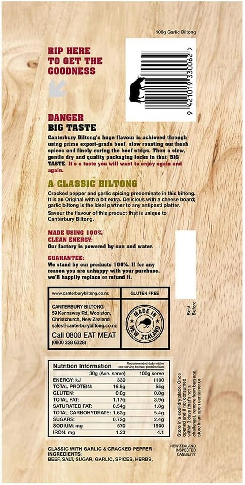 Canterbury Biltong Air-Dried Beef Snacks Garlic & Cracked Pepper 100G image number 3