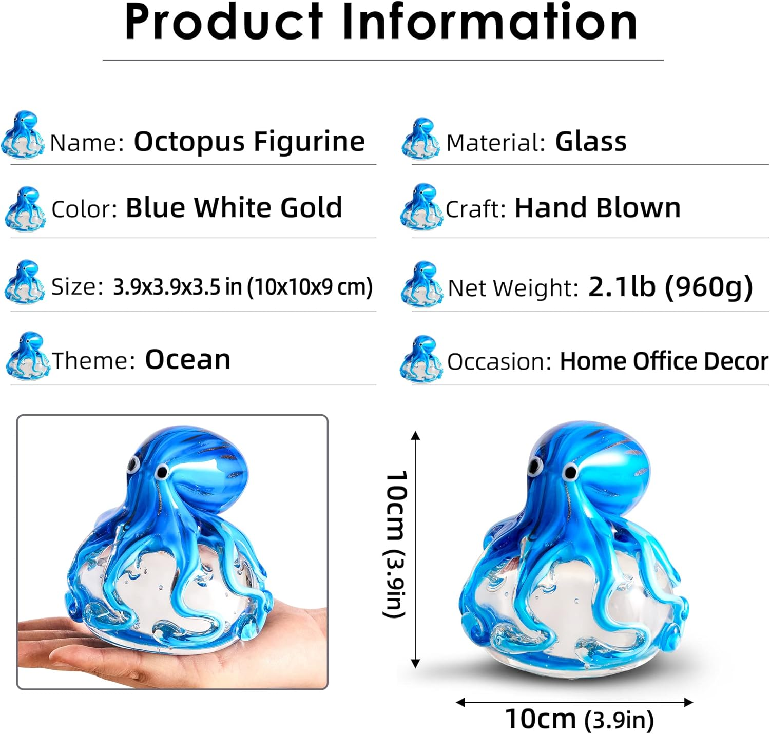 EUSTUMA Hand Blown Glass Octopus Figurine Ornament,Sea Animal Ornament for Fish Tank Aquarium,Sea Animals Collection for Birthday Gift,Glass Office Paperweight for Desk. image number 2