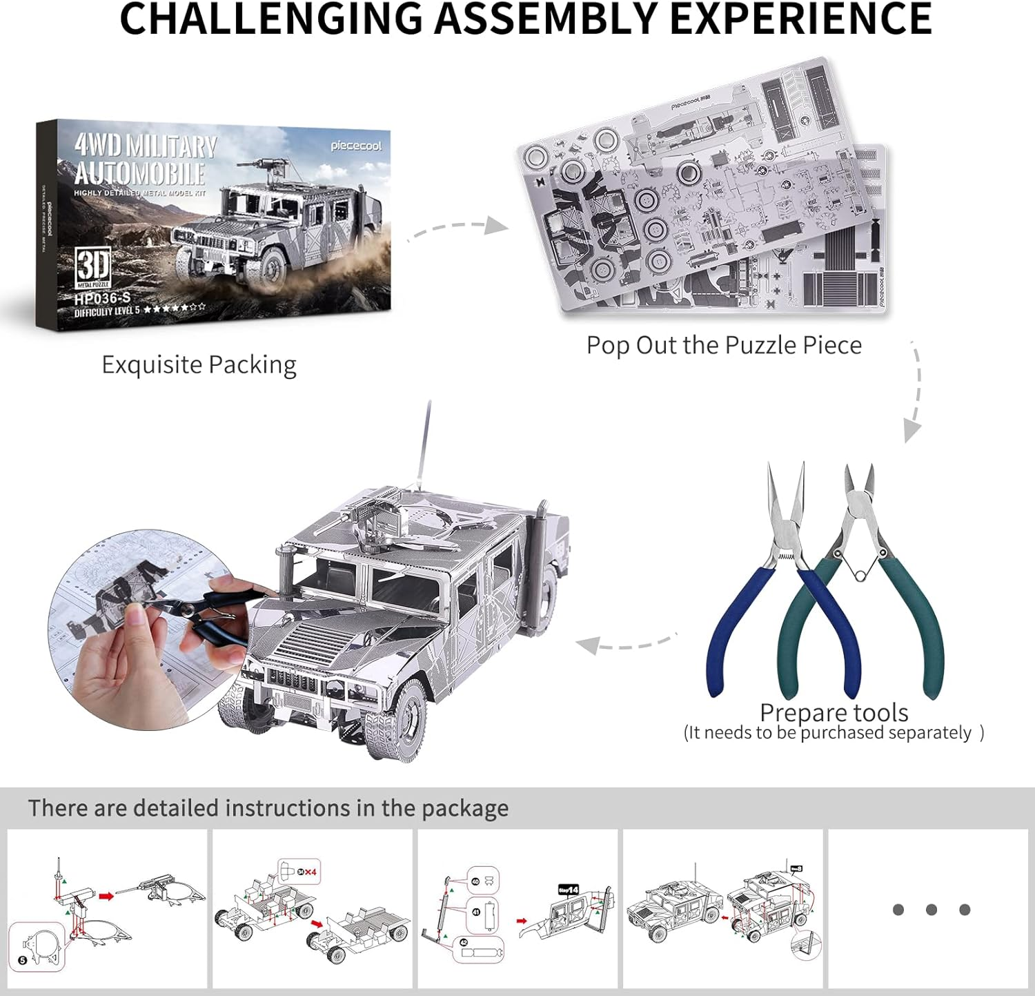 Piececool 3D Metal Puzzle Car Model Kits, American Hummer H1 Military Vehicle Models Kit, Brain Teaser DIY Metal Model Building Kits for Adults Teens Stress Relief Toys, Best Gifts for Son Dad, 78Pcs - Silver Motor image number 4