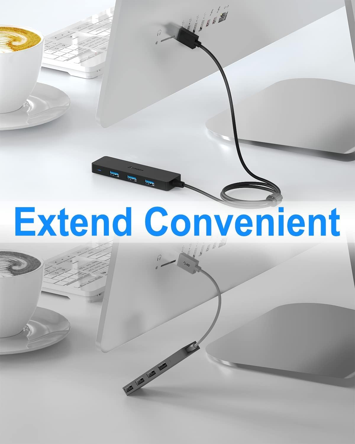Aceele USB Hub 3.0 Splitter with 4Ft Extension Long Cable Cord [Charging Not Supported], 4-Port Extra Slim Multiport Expander for Desktop PC, PS4, Laptop, Surface Pro, Imac, Flash Drive, Mobile HDD image number 3