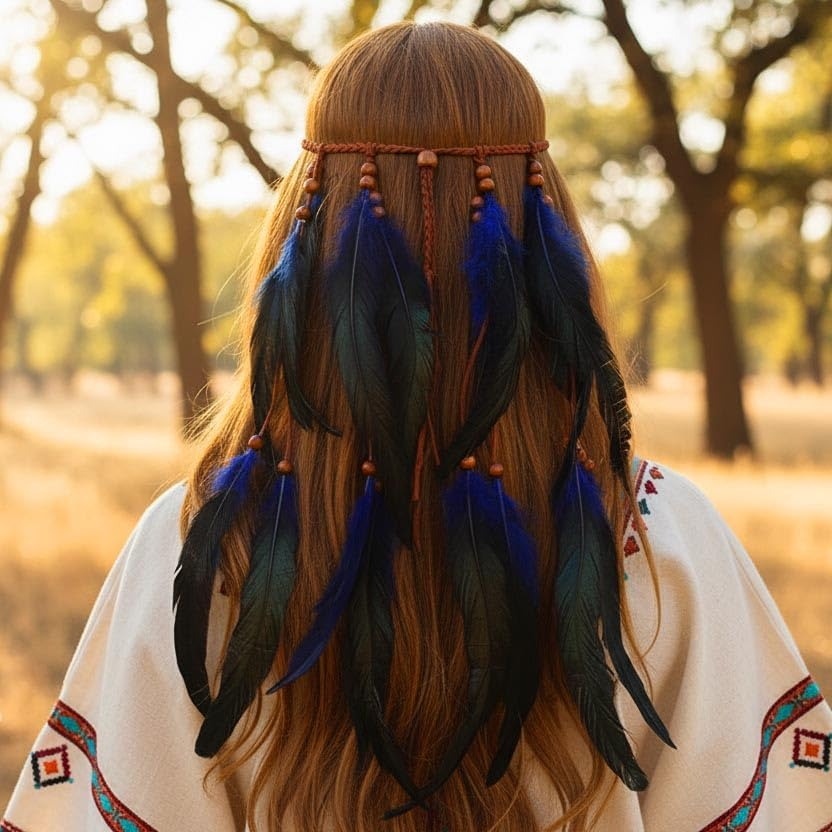 Fashband Indian Feather Headband Boho Tassel Hippie Tribal Headpiece Festival Hair Accessories for Women (Royal Blue, One Size) image number 3