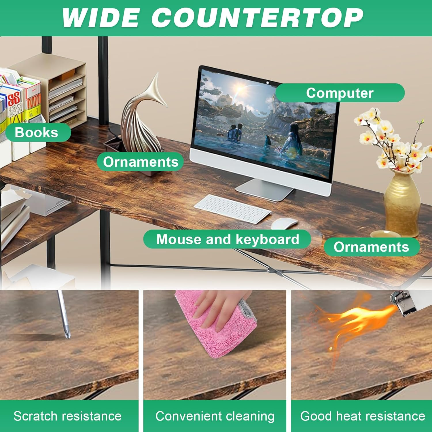 Computer Desk, Gaming Desk with Reversible Storage Shelves, Modern Metal Gaming Desk, PC Desk Workstation for Home Office, Rustic Brown