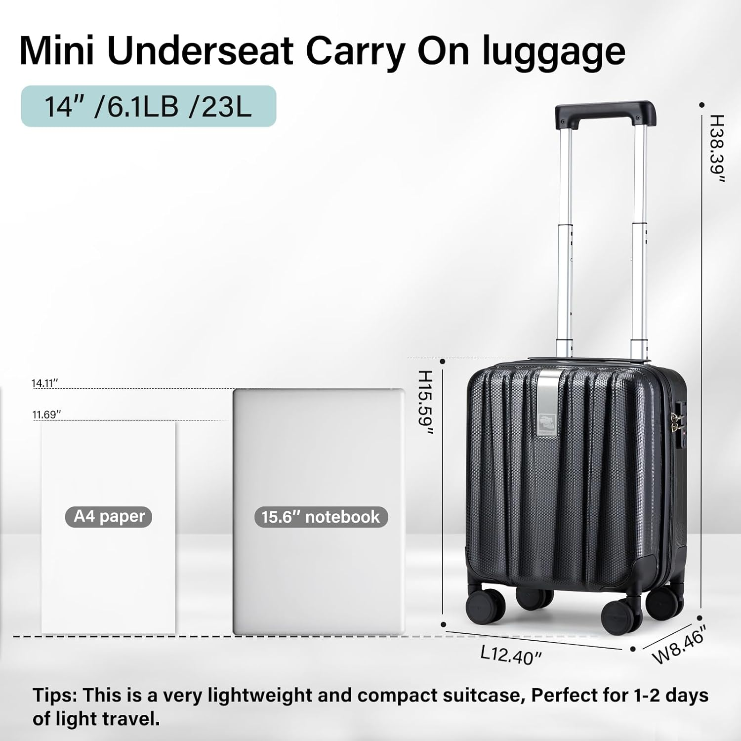 Hanke 14 Inch Underseat Carry on Luggage with Wheels Hard Shell Suitcases Carry on Bag Lightweight Small Mini Suitcase Luggage for Travel(Jet Black) image number 6