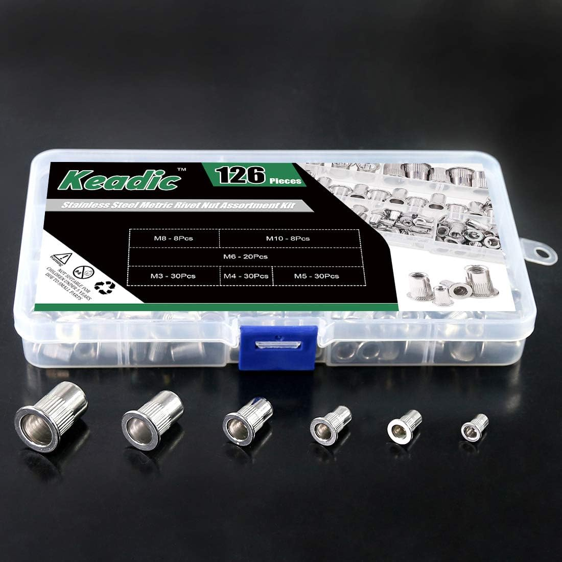 Keadic 126Pcs Metric Stainless Steel Rivet Nut Flat Head Threaded Insert Nutsert Assortment Kit - M3 M4 M5 M6 M8 M10 image number 6