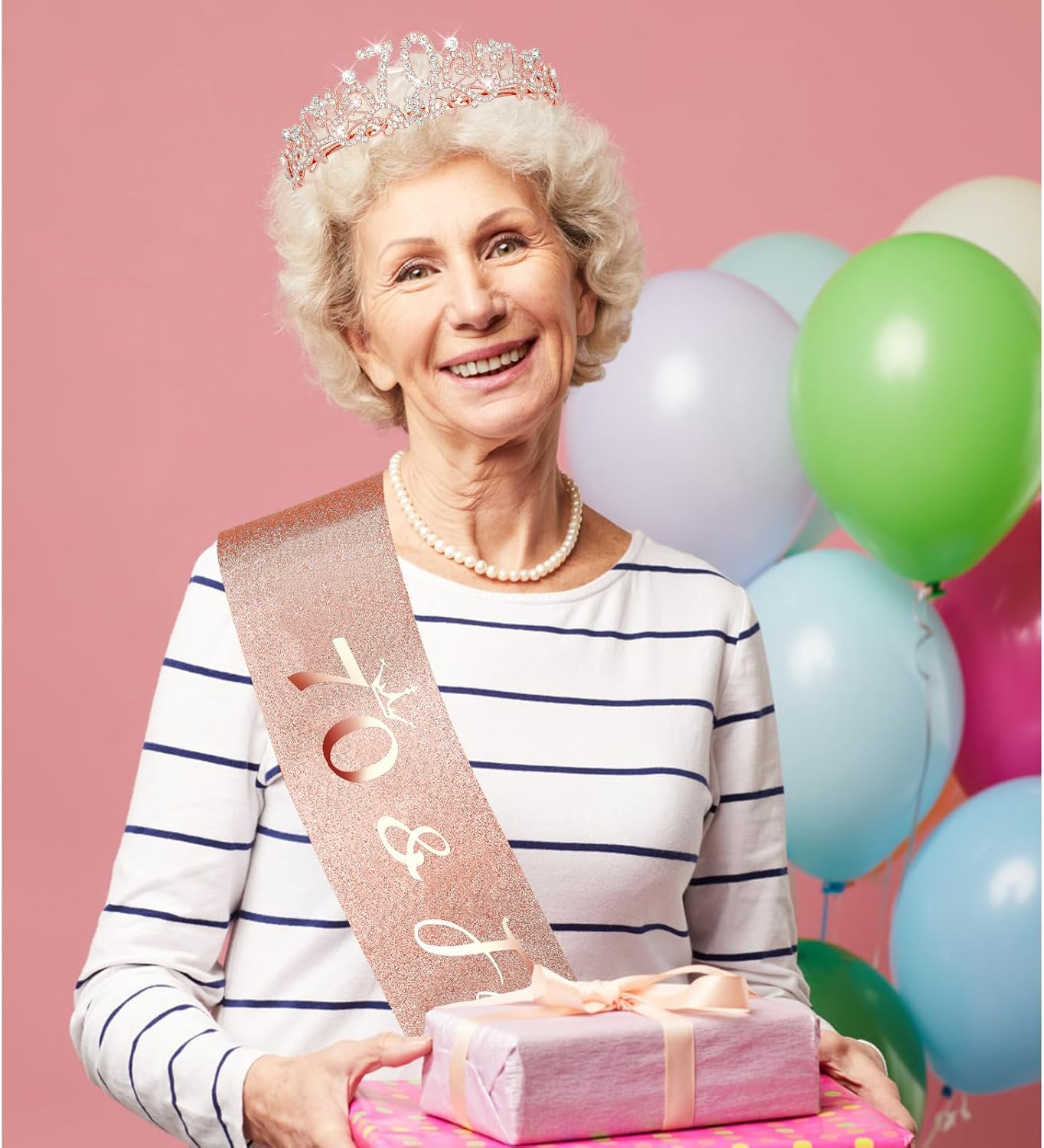 Rose Gold Birthday Tiara and Sash Set - Elegant Floral Rhinestone & Alloy 70Th Crown Headband with Comb & Soft Glitter Fabric Sash, Women'S Party Hair Accessories for 70Th Birthday image number 3
