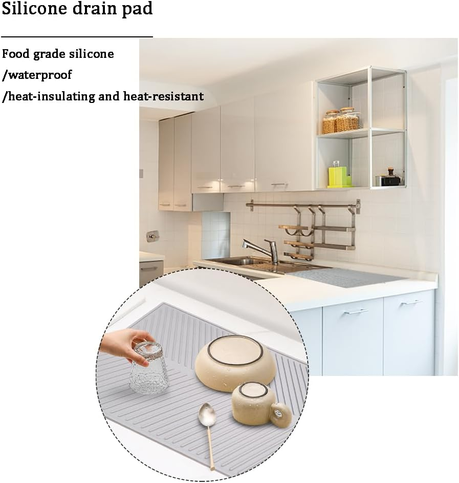 Large Kitchen Counter Dish Mat Silicone Dish Drying Mat with Built-In Drainage Outlet with Hook Drying, Pad Foldable Dish Drainer Mat for Sink Heat-Resistant Quick Dry Easy to Clean (Gray) image number 5