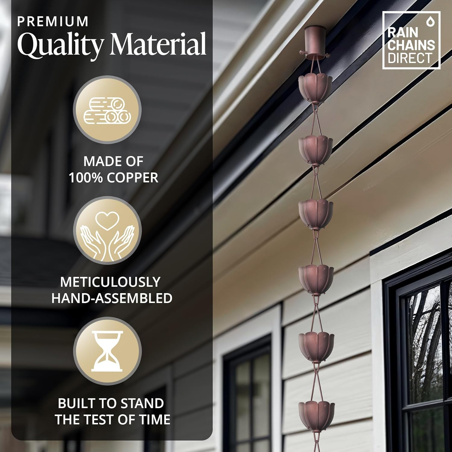 Rain Chains Direct Rain Chain - Rain Chains for Gutters - Orchid, 8.5 Feet, 100% Pure Copper, Rain Chains for Downspouts image number 1