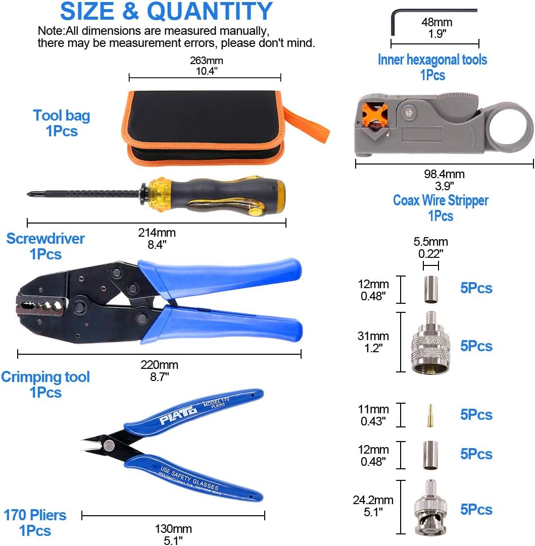 Glarks Coaxial Cable Tool Set, Coax RF Connector Crimping Tool + Coaxial Cable Stripper + BNC/UHF Crimp Male Connectors + Wire Cutter + Screw Driver for RG58, RG59, RG62, RG174 image number 5