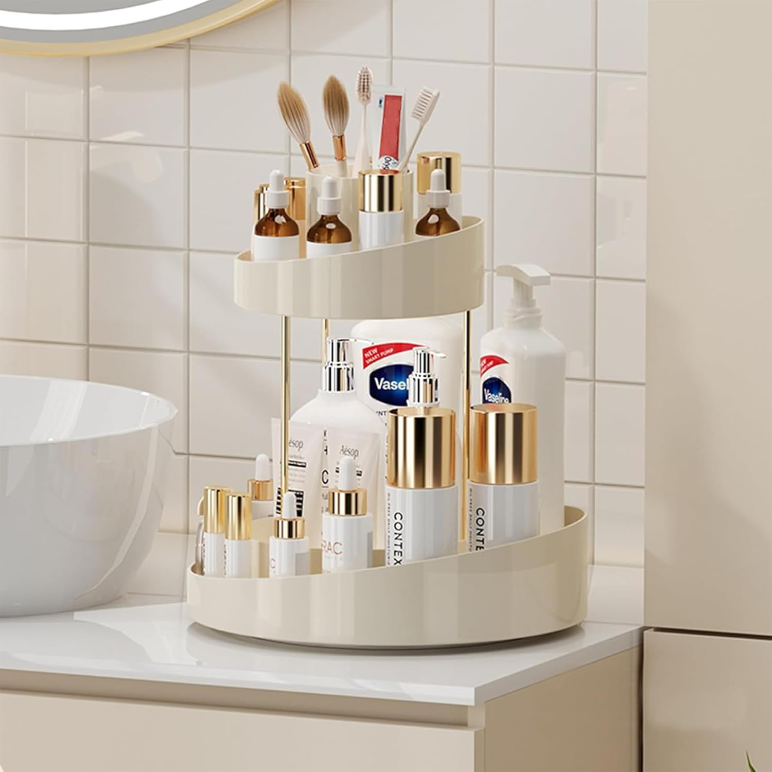 Baoswi 360&deg; Rotating Makeup Organiser, 2 Tiers Perfume Organiser, Skincare Cosmetic Organiser, Dressing Table Organiser for Lipsticks, Makeup Brushes, Lotion, Perfume, Cosmetic (Beige) image number 3