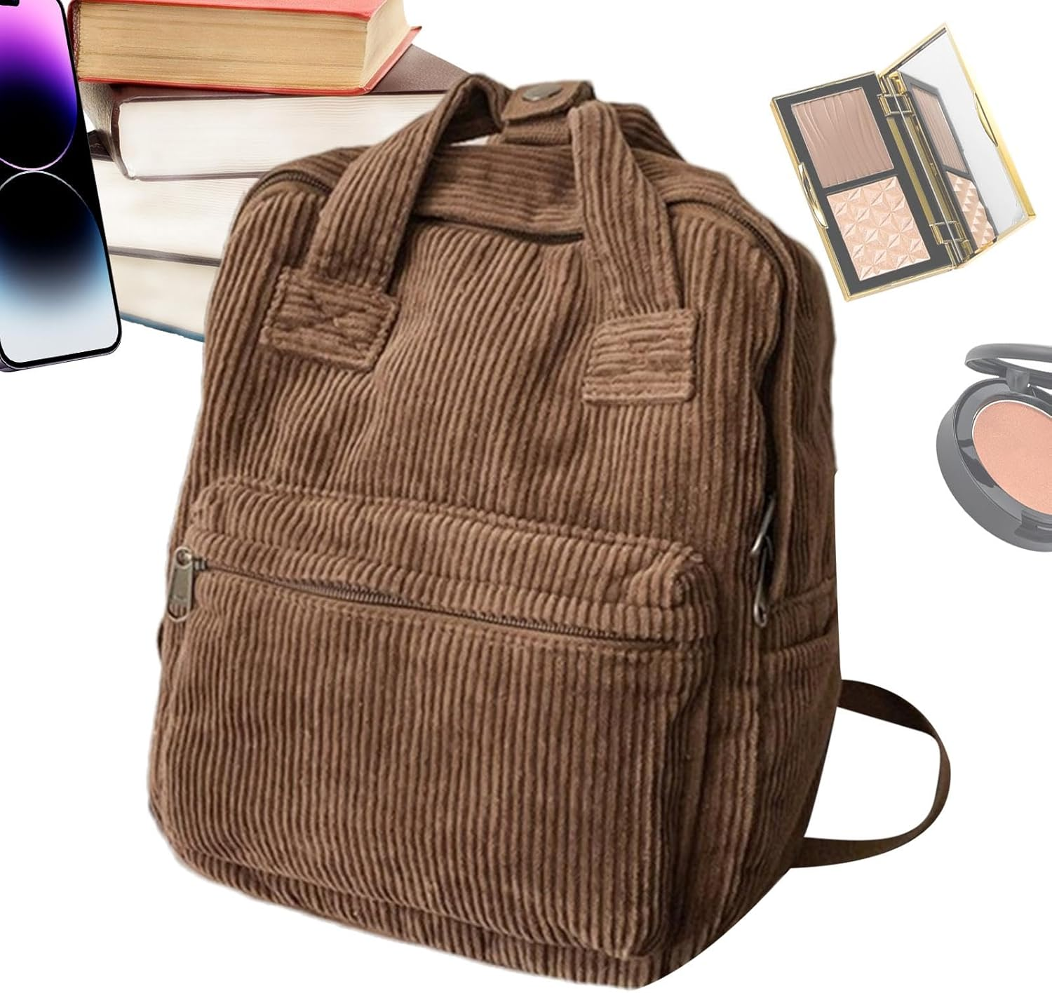 Large Corduroy Bookbag, Corduroy Laptop Backpack, Book Bag Purse with Handle, Laptop Bag for Girls, Aesthetic Backpack, Small Backpack Purse, Large Capacity for High - Brown image number 5
