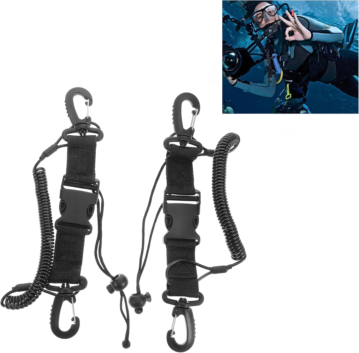Heavy-Duty Scuba Lanyard Set (2-Pack) | Quick-Release Coiled Leash for Underwater Cameras/Lights | Corrosion-Proof Clip & Webbing Strap image number 2