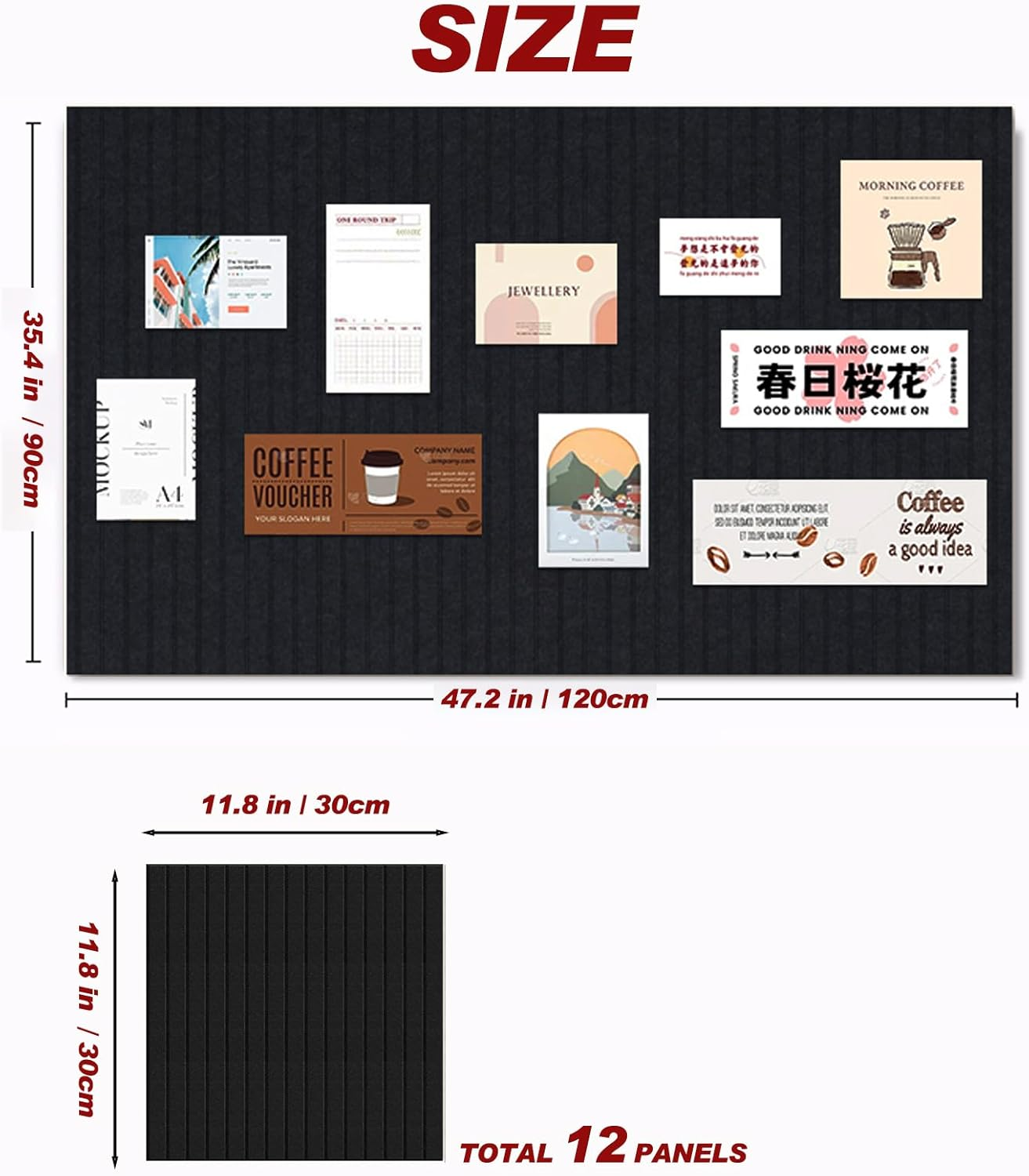 Large Cork Boards for Office, 47"X35" Felt Bulletin Board Tiles Pin Board for Walls Home Decor, Noise Reduction Boards, Panels for Photos Memos, 12-Pack, Black image number 4