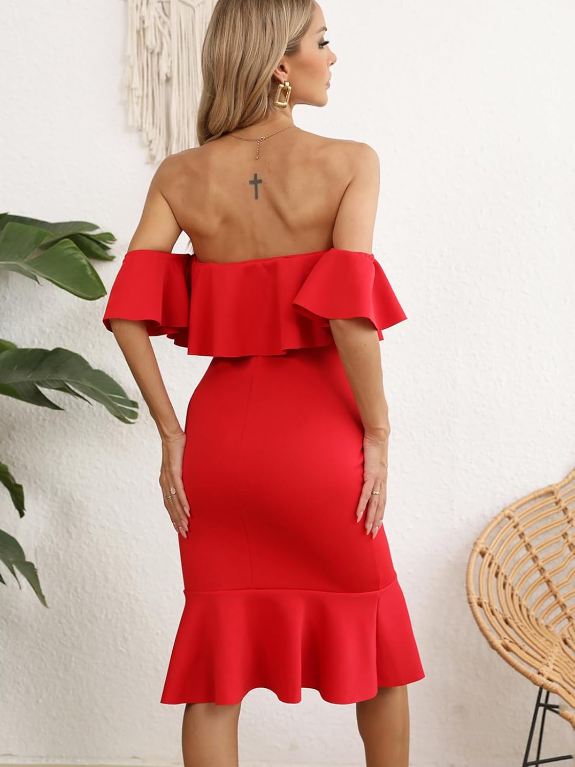 Red Ruffle off Shoulder Maternity Dress for Baby Shower, Short Sleeve Mermaid Bodycon Midi Pregnancy Evening Dress for Women image number 3