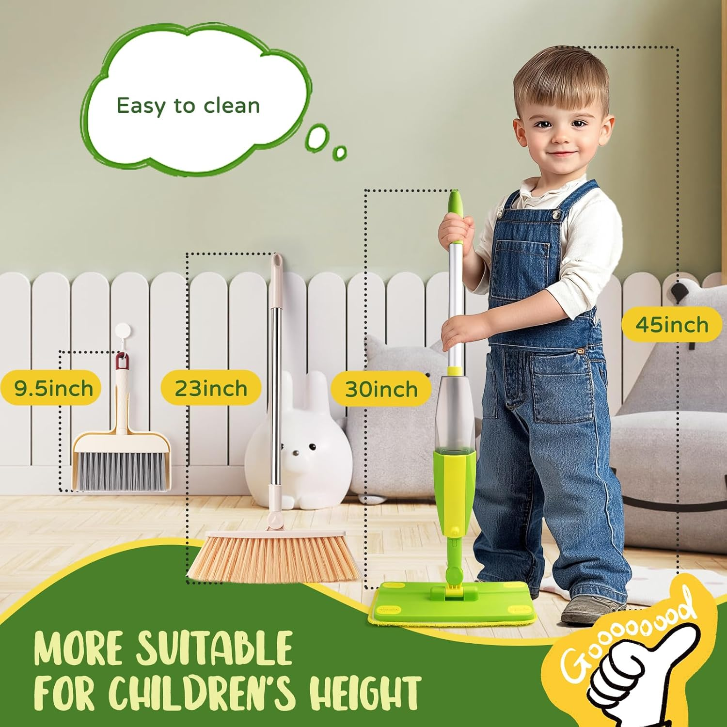 Spray Mop Toy Set for Kids,8 PCS Cleaning Toy Set for Toddler Aged 3+,With Refillable Bottle,Replacement Pads and Broom Head,Dustpan Set,Traceless Storage Rack,Montessori Toys, Kids image number 3