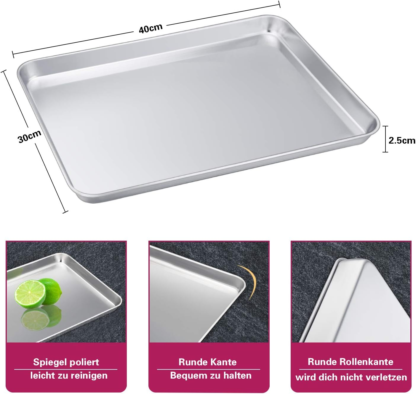 Baking Tray, Haware Stainless Steel Oven Tray, Cake Tray, Set of 2, 40 X 30 X 2.5 Cm, Rectangular Grease Pan Oven Tray for Baking & Serving, Non-Toxic and Healthy, Easy to Clean and Dishwasher Safe image number 6