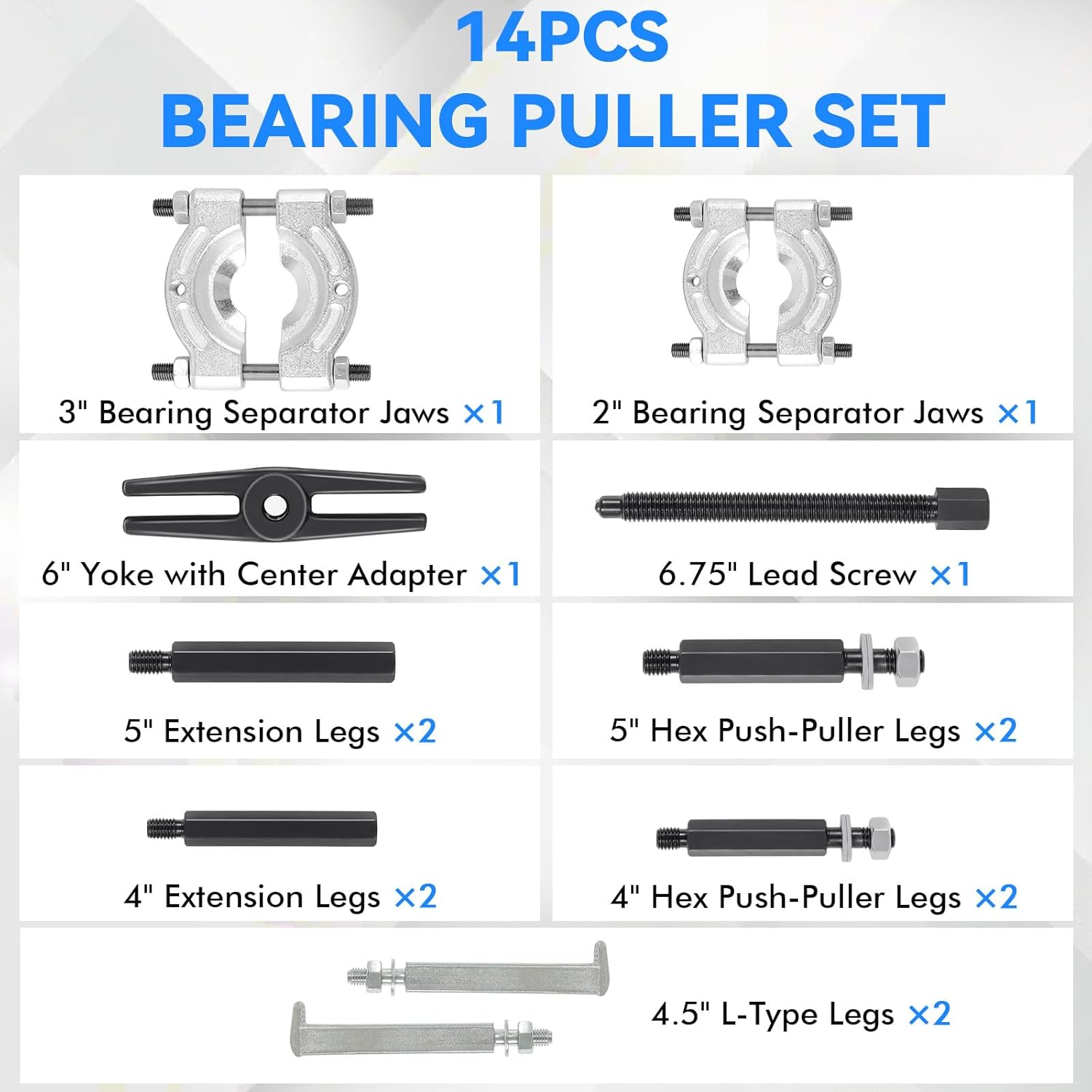 14PCS Bearing Puller Set Bearing Separator Bearing Removal Tool 5 Ton Capacity Separator Tool Kit with 2" & 3" Jaws, Heavy Duty Pinion Gear Hub Axle Removal Tool for Automotive, Atvs, Light Trucks image number 2