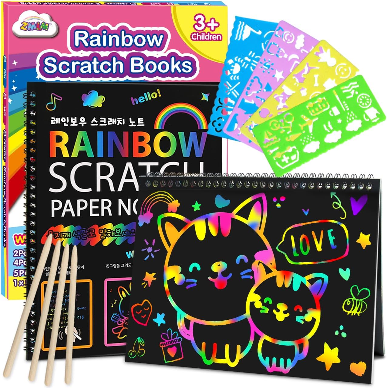 ZMLM Scratch Paper Art-Crafts Notebook: 2 Pack Bulk Rainbow Magic Paper Supplies Toys for 3 4 5 6 7 8 9 10 Years Old Girls Kids Favors Gifts for Birthday Halloween Christmas Party Games Projects Kits image number 4