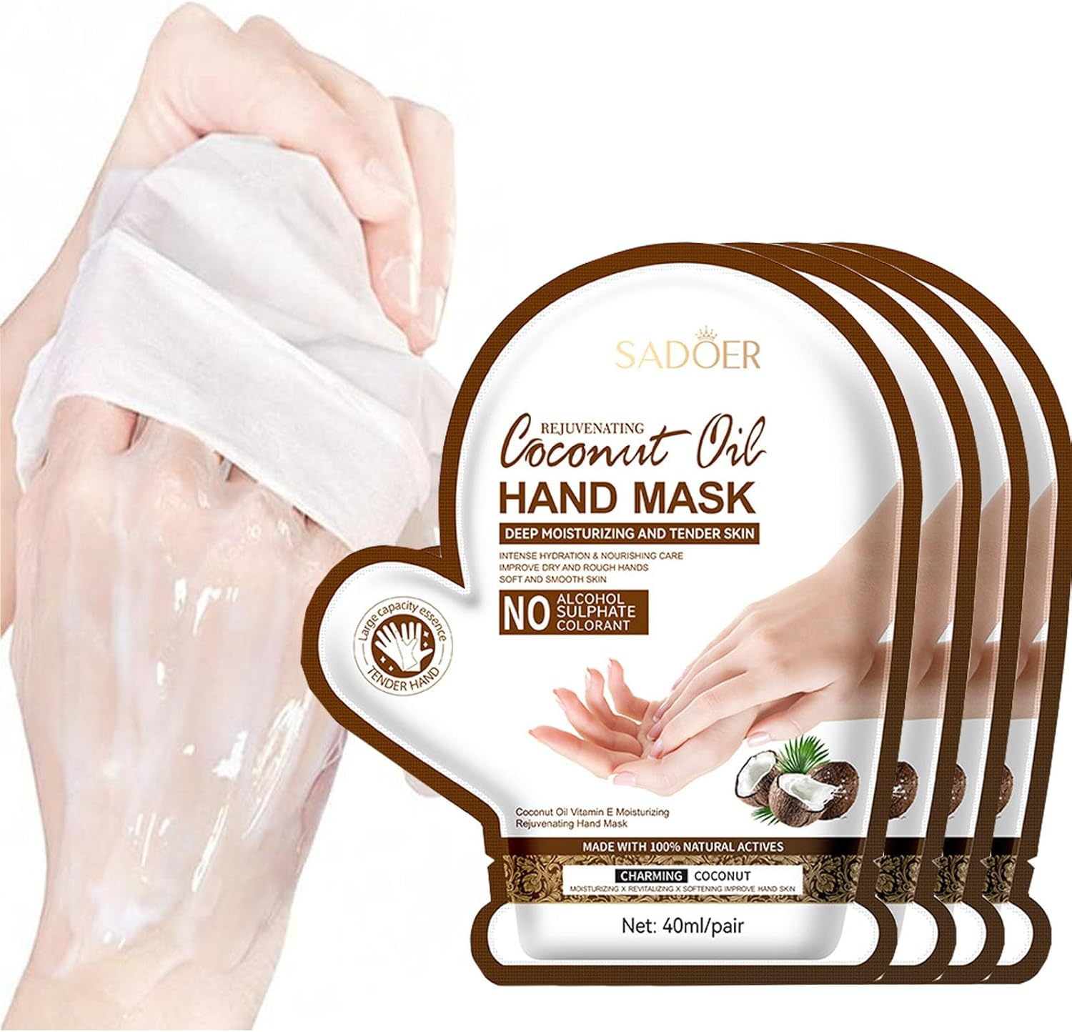 4 Pack Coconut Oil Hand Mask, Deep Moisturizing and Rejuvenating Treatment, 40Ml/Pair, with Vitamin E and Natural Actives for Dry Rough Hand,And Makes the Skin Soft and Smooth image number 1
