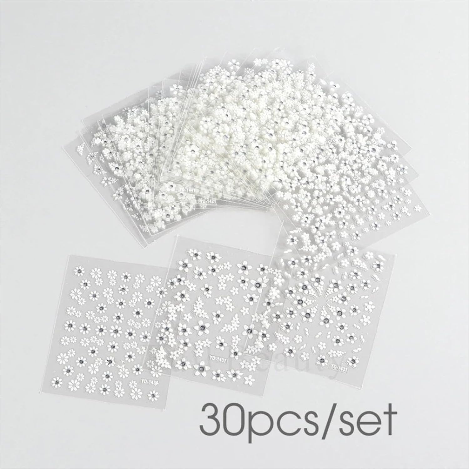 30 Sheets White Flower Nail Art Stickers with Rhinestones, 3D Nail Decals Self Adhesive for Nails Decorations for Women Girl