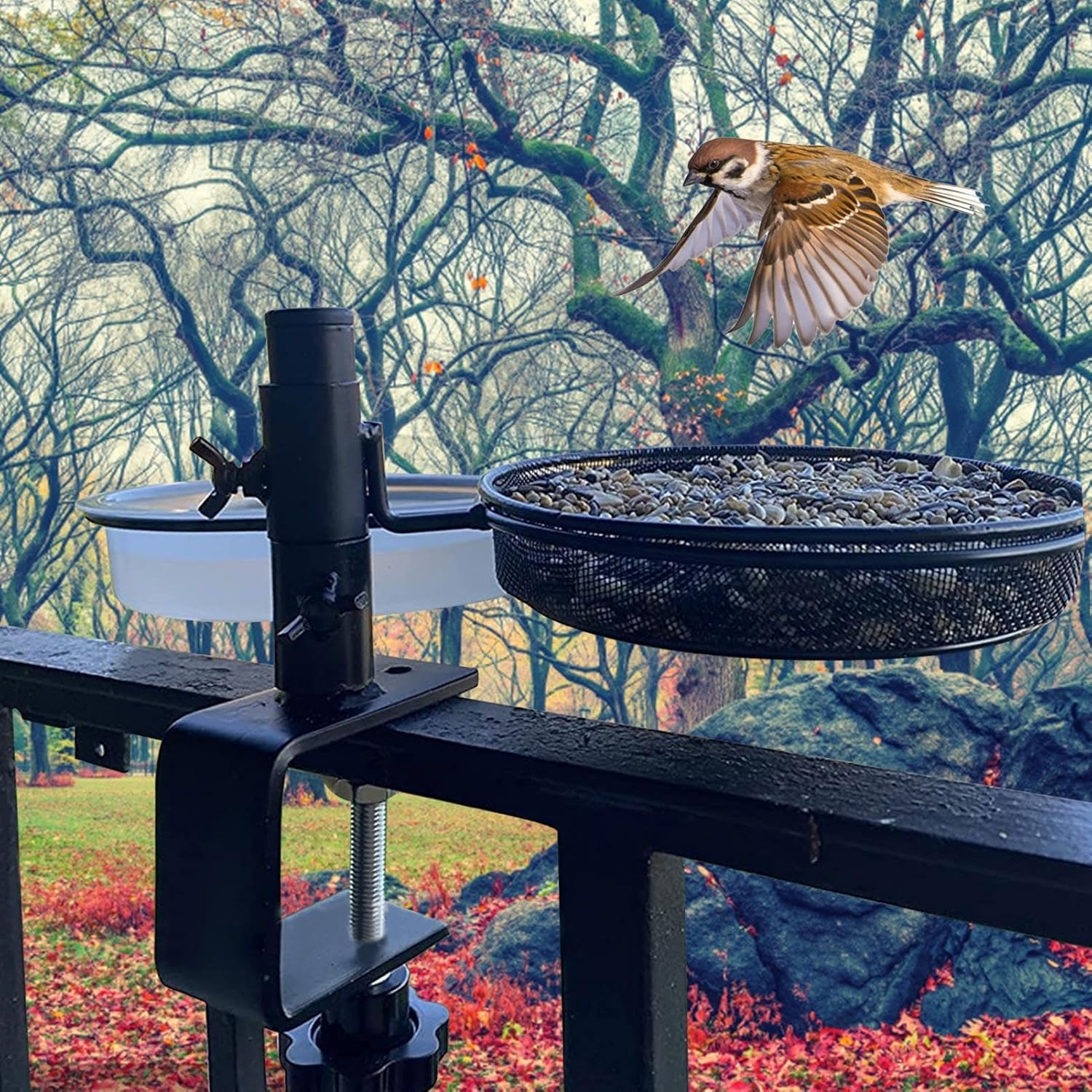 Kezvmhy Deck Handrail Bird Feeder, Deck Bird Feeder, Adjustable Deck Mounted Bird Water Bowl - Bird Feeding Field, Flowerpot Stand, 360 Degree Rotatable Attracting Birds image number 2