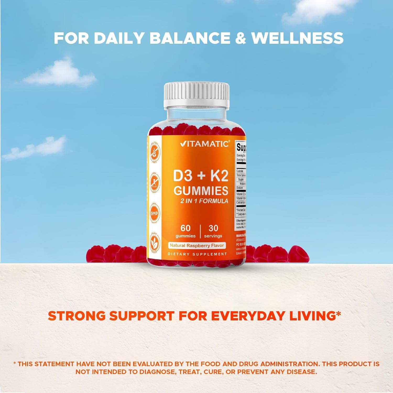 Vitamatic Vitamin D3 K2 Gummies - 60 Count - Supports Healthy Bone, Heart & Calcium Absorption, & Immune Health - Plant Based, Non-Gmo, Gluten Free image number 5