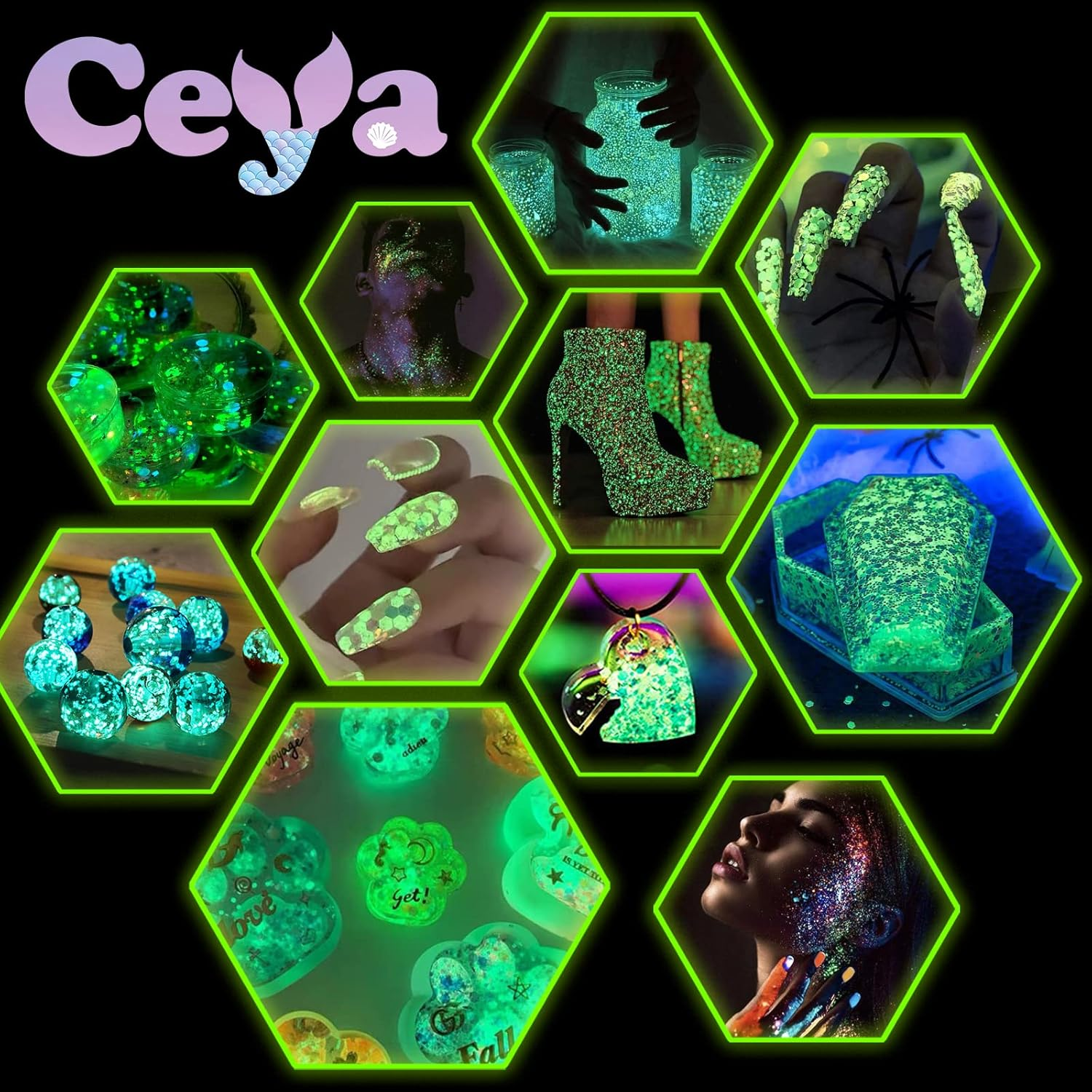 Ceya Glow in the Dark Glitter, 2.8Oz/ 80G White Luminous Chunky Glitter Mix Fine Powder Flakes Fluorescent Nail Sequins for Epoxy Resin, Tumblers, Halloween Party, Festival Decor