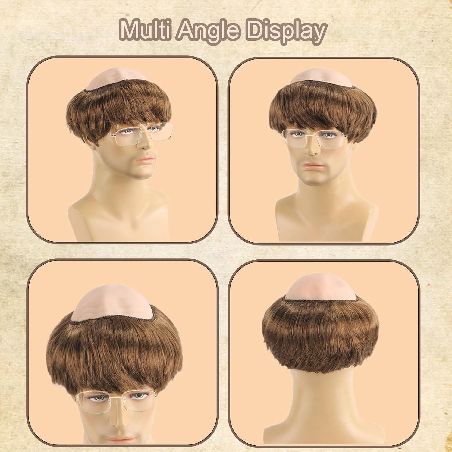 Bald Head Cap Funny Wig for Adults Men Women, Latex Bald Wig Cap Grandpa Glasses, Monk Costumes with Brown Friar Hair Bowl Cut, Men'S Old Man Fancy Dress up Party Halloween Cosplay (Brown) image number 6