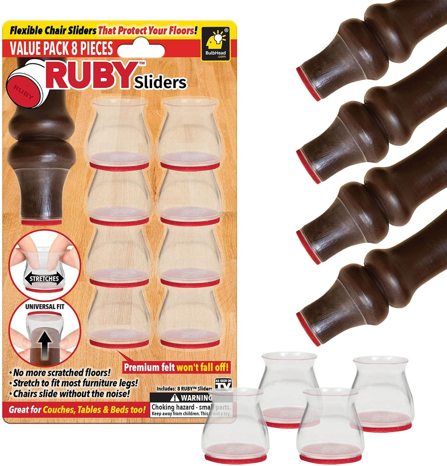 Bulbhead Ruby Sliders as Seen on TV by - Red Means They&rsquo;Re Authentic - Premium Chair Covers Protect Hardwood & Tile Floors from Scratching - Fits Most Furniture Leg Sizes & Shapes - 8 Pack image number 1