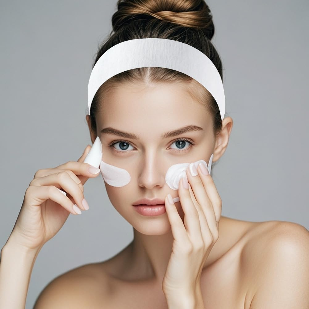 50PCS Disposable Spa Facial Headbands Elastic Non-Woven Headband with Magic Tape Stretch Soft Skin Care Hair Band with Straps for Salons Supplies White