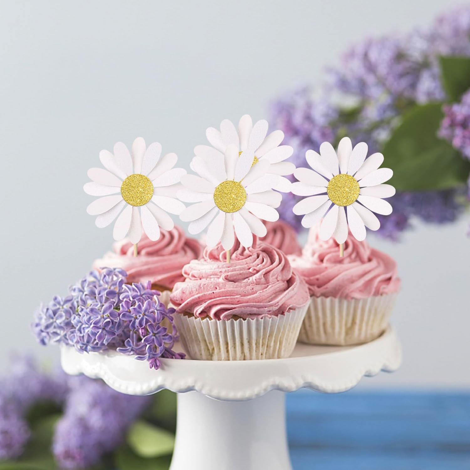 SYKYCTCY 24 Pack Daisy Cupcake Toppers Glitter White Daisy Flower Cupcake Picks Spring Daisy Flower Cake Decorations for Chrysanthemum Theme Birthday Kids Baby Shower Party Supllies (#1) - 2 image number 5